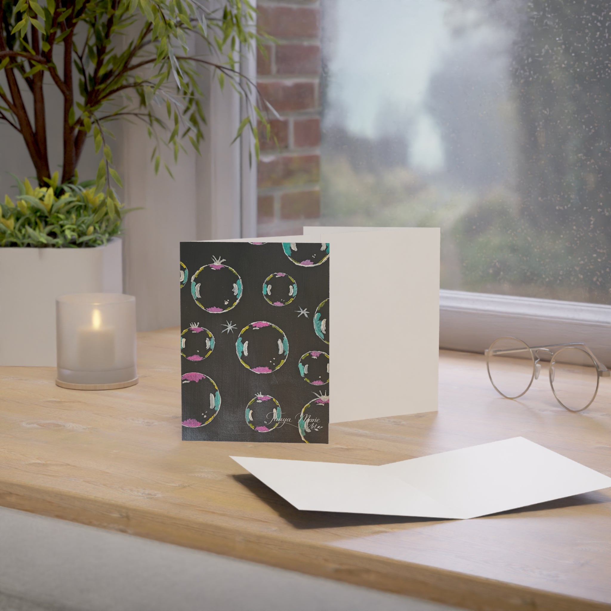 Bubble Pattern Greeting Card — Hand-Painted Colorful Bubbles on Charcoal Background (Blank Inside)