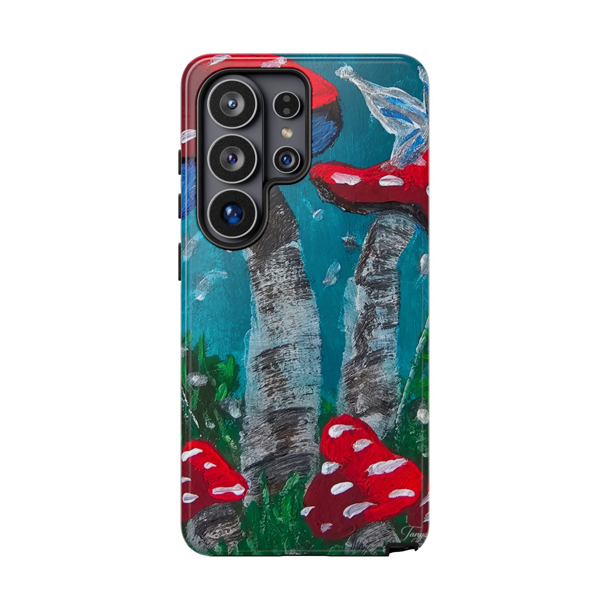 Protective phone case with hand-painted red toadstools on teal and gray forest artwork; camera cutouts