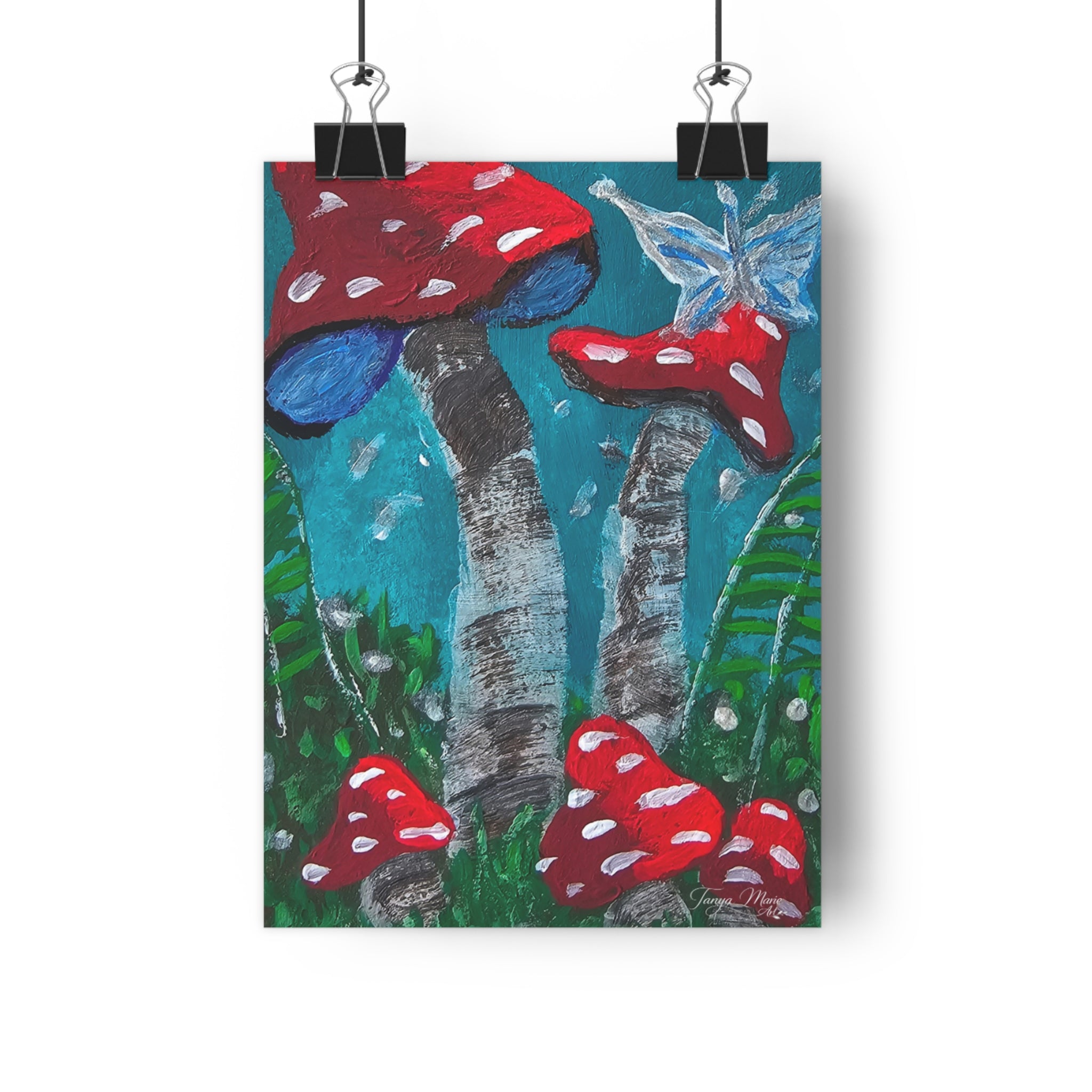 Mushroom meadow giclée art print with red toadstools and a butterfly