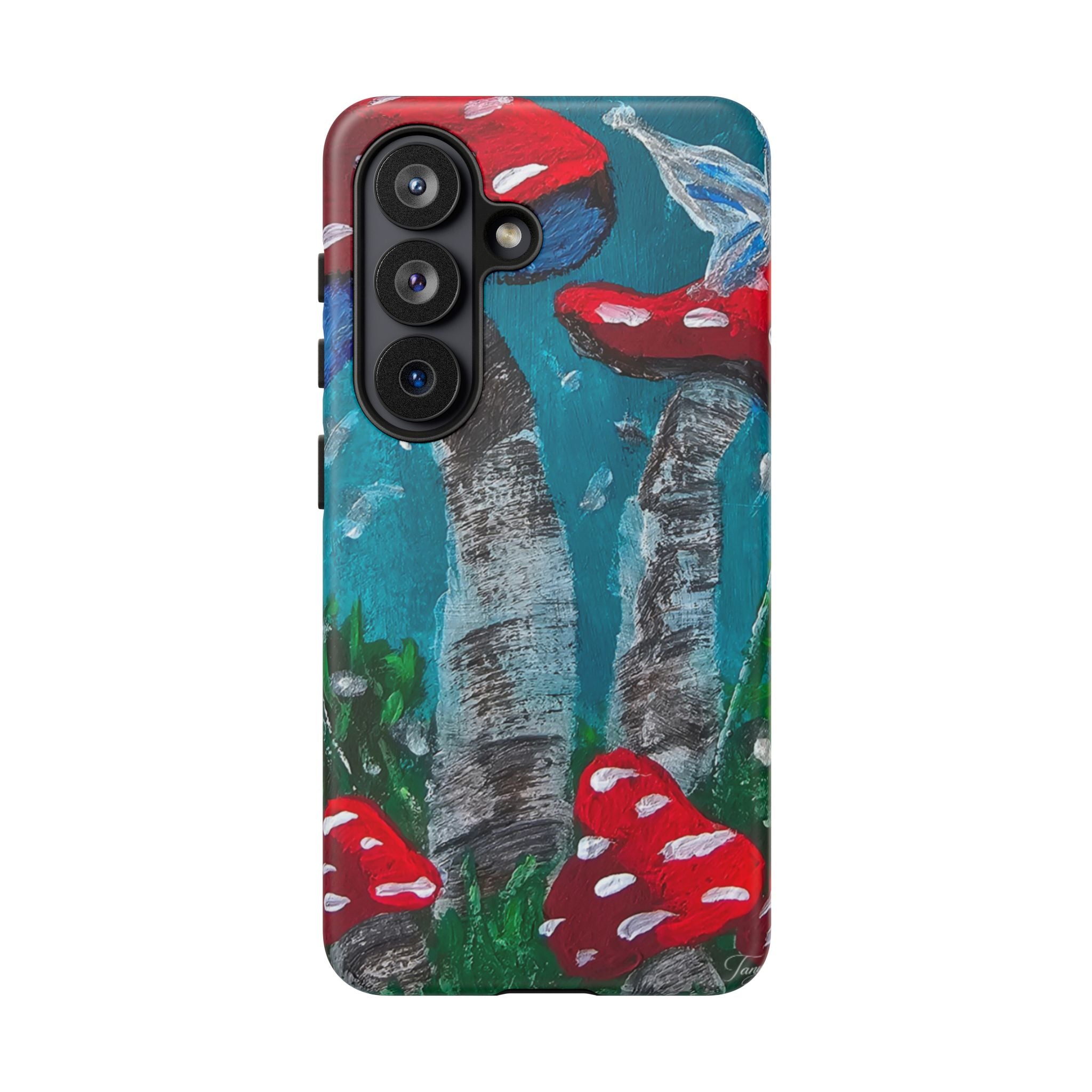 Protective phone case with hand-painted red toadstools and teal-gray forest artwork; side button cutouts