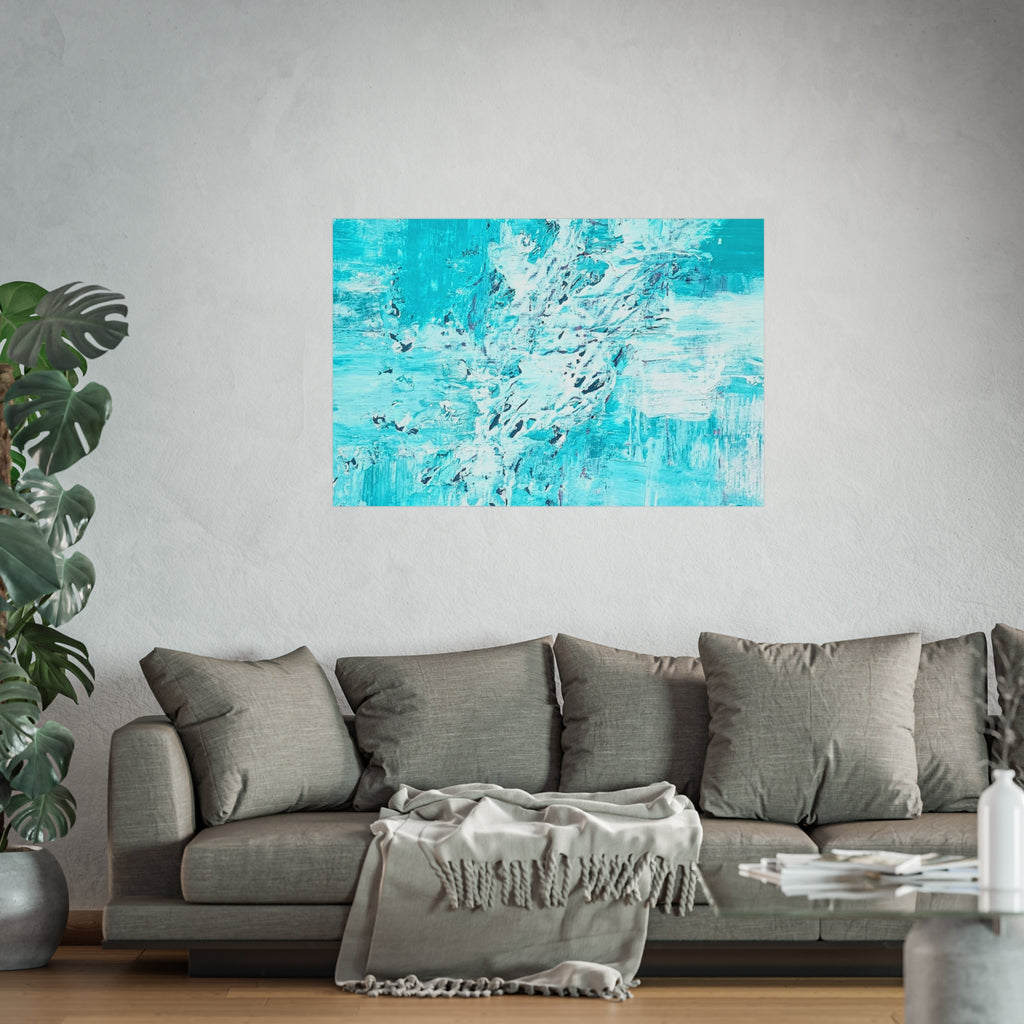 Turquoise abstract art poster with swirling, waterlike brush strokes on matte paper.