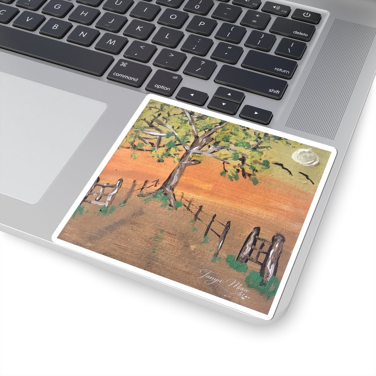 Countryside Sunset Sticker — Tree, Fence & Moon Kiss-Cut Art Sticker