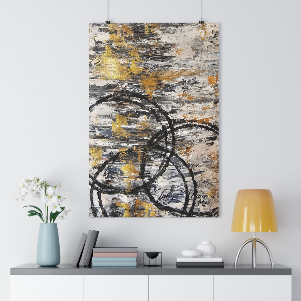 Abstract Gold Texture with Black Rings Giclée Art Print | Modern Textured Wall Art