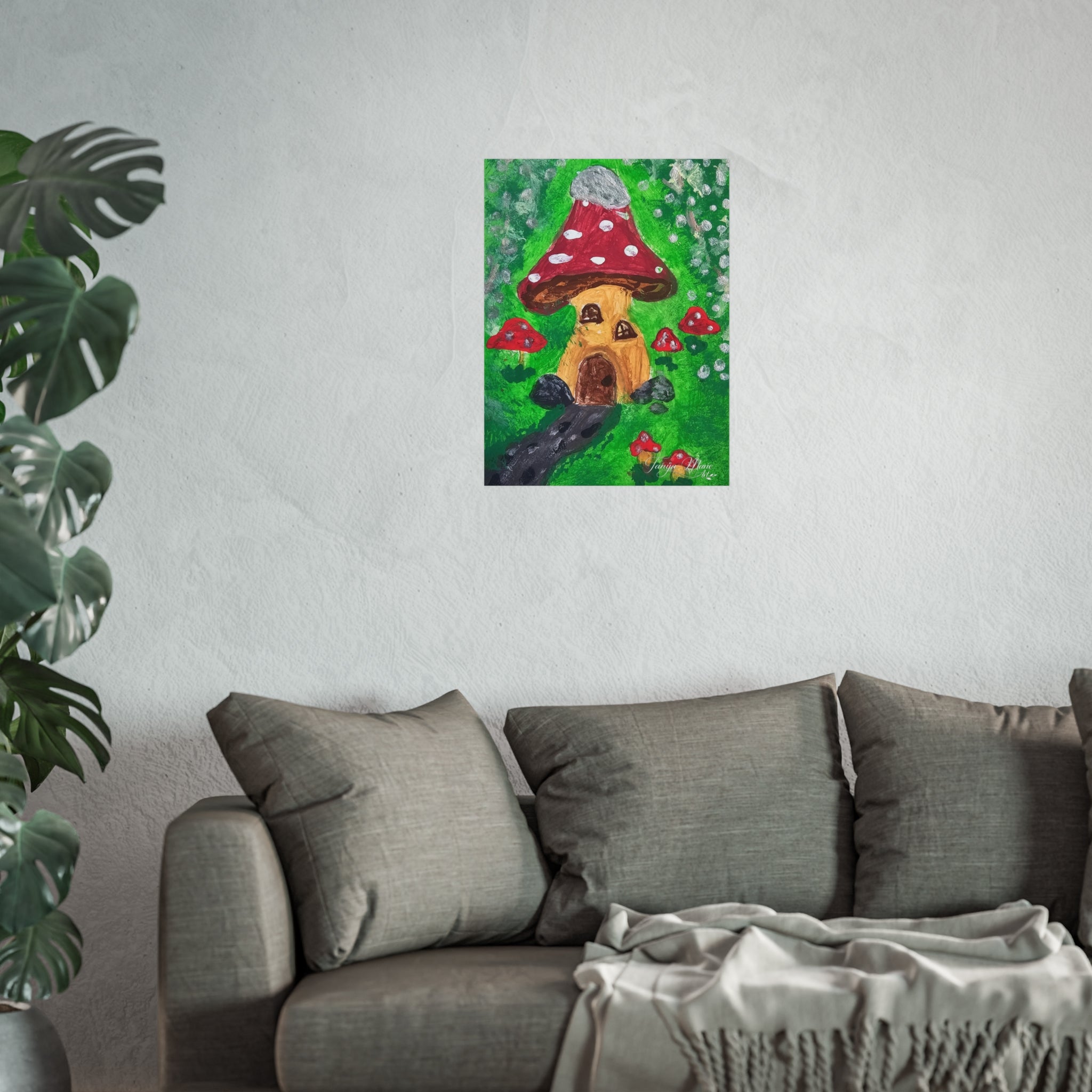Matte fine art poster of a mushroom cottage scene: red dotted cap, green forest, dark shape