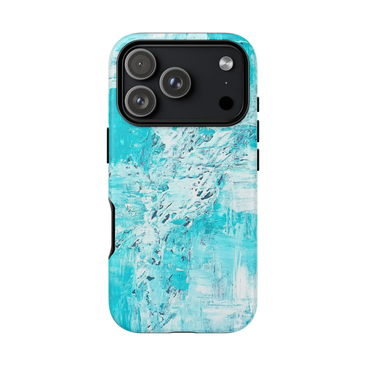 Turquoise abstract marble tough phone case with triple-lens camera cutout and slim profile.
