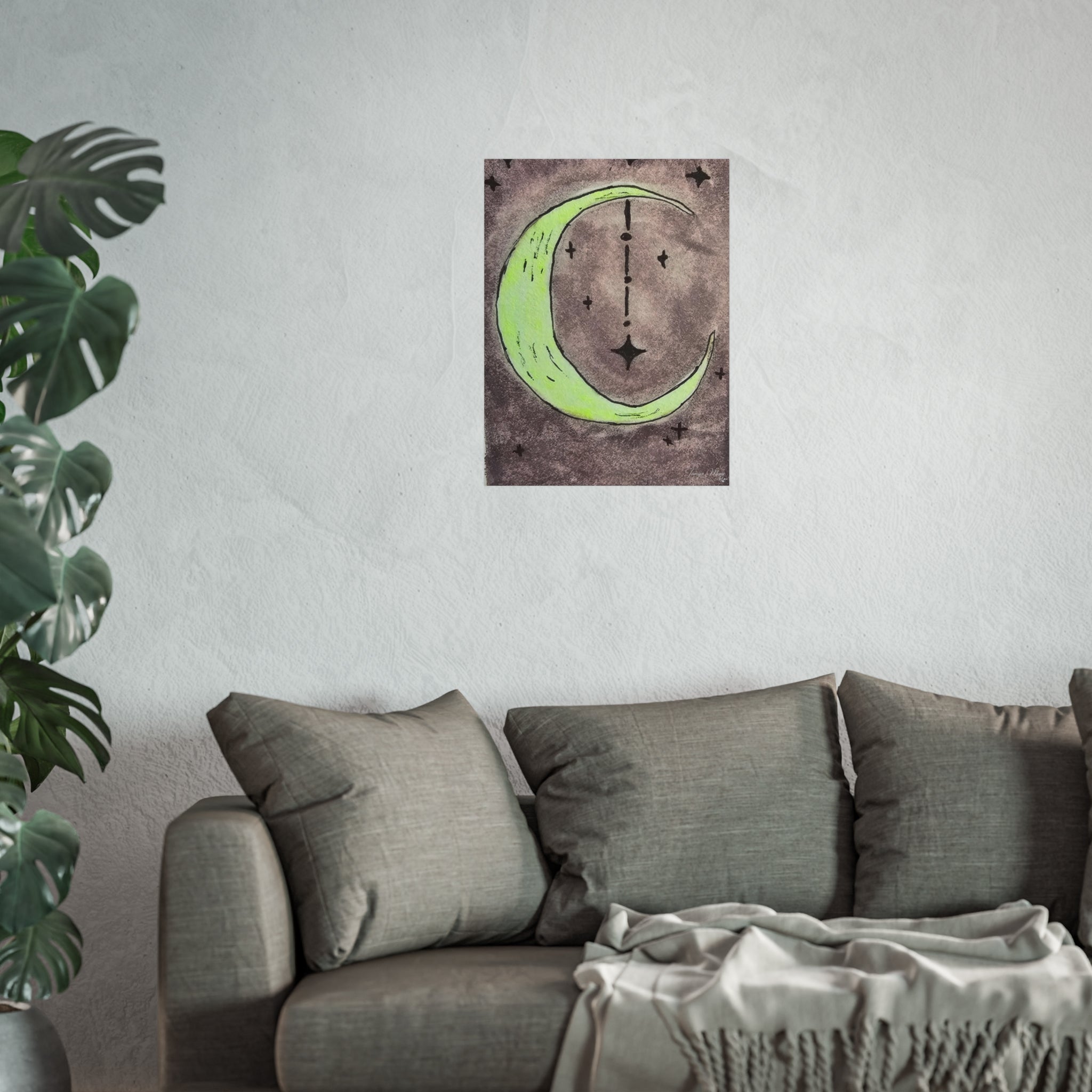 Square fine art poster depicting a neon green crescent moon with vertical star dashes and sparkle stars