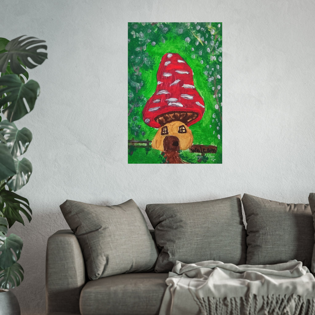 Fine art poster with red mushroom house and brown doorway against green foliage with white specks