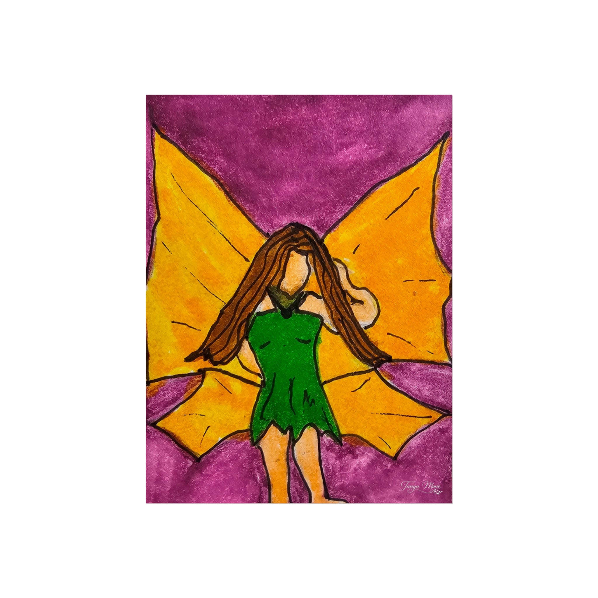 Square fairy wings art poster featuring a girl in a green dress with magenta-orange wings