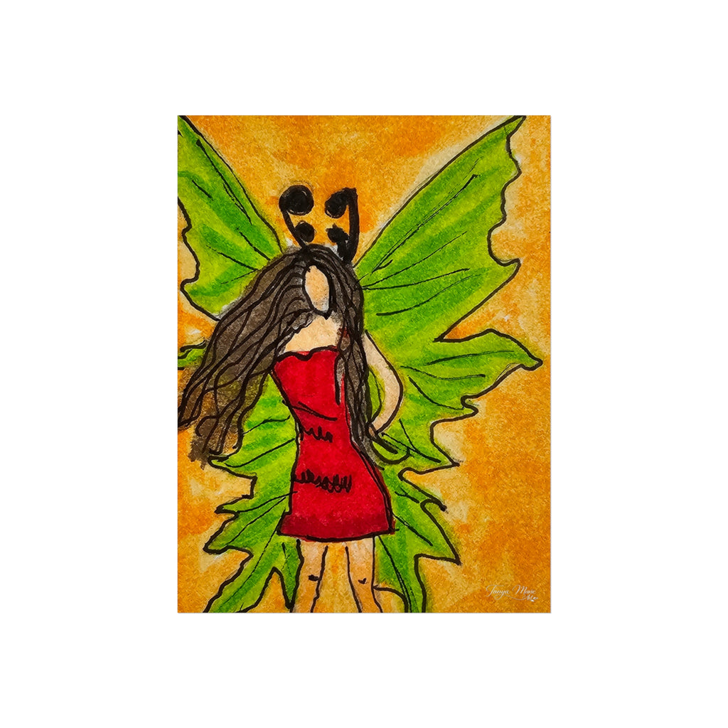Fairy poster print: winged woman with long dark hair, red dress, green wings