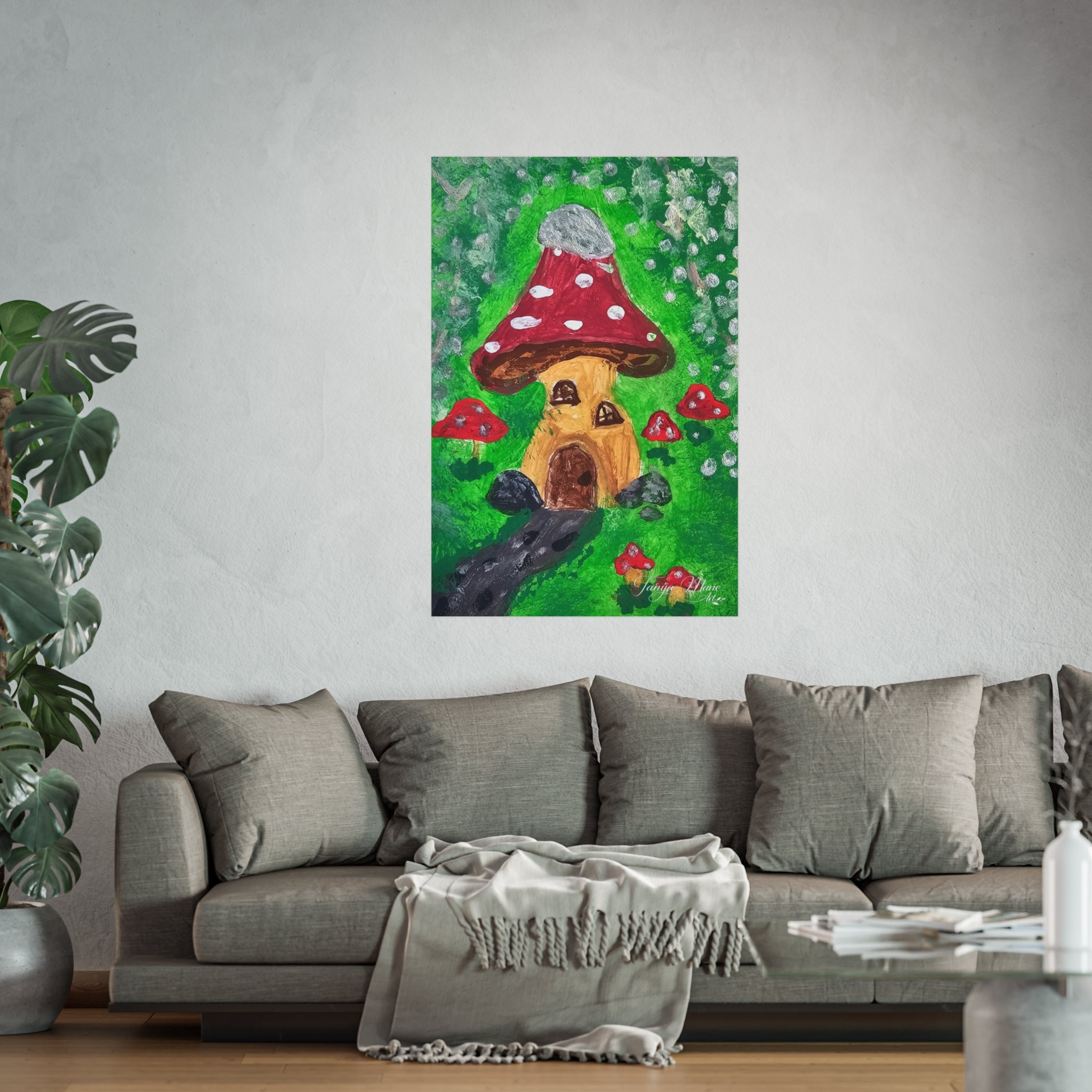 Whimsical fine art poster with red-capped mushroom house on green forest scene