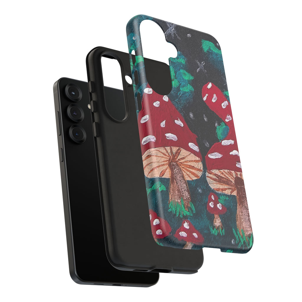 Tough phone case with mushroom forest print, front camera cutout, dark protective frame