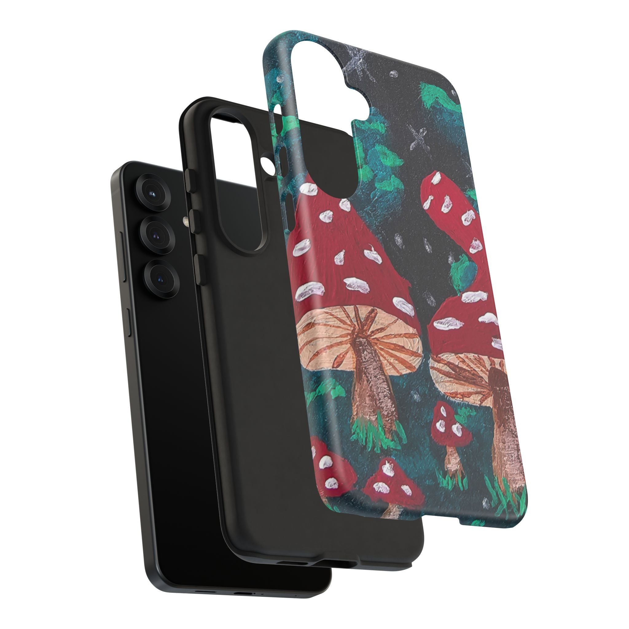 Tough phone case with mushroom forest print, front camera cutout, dark protective frame
