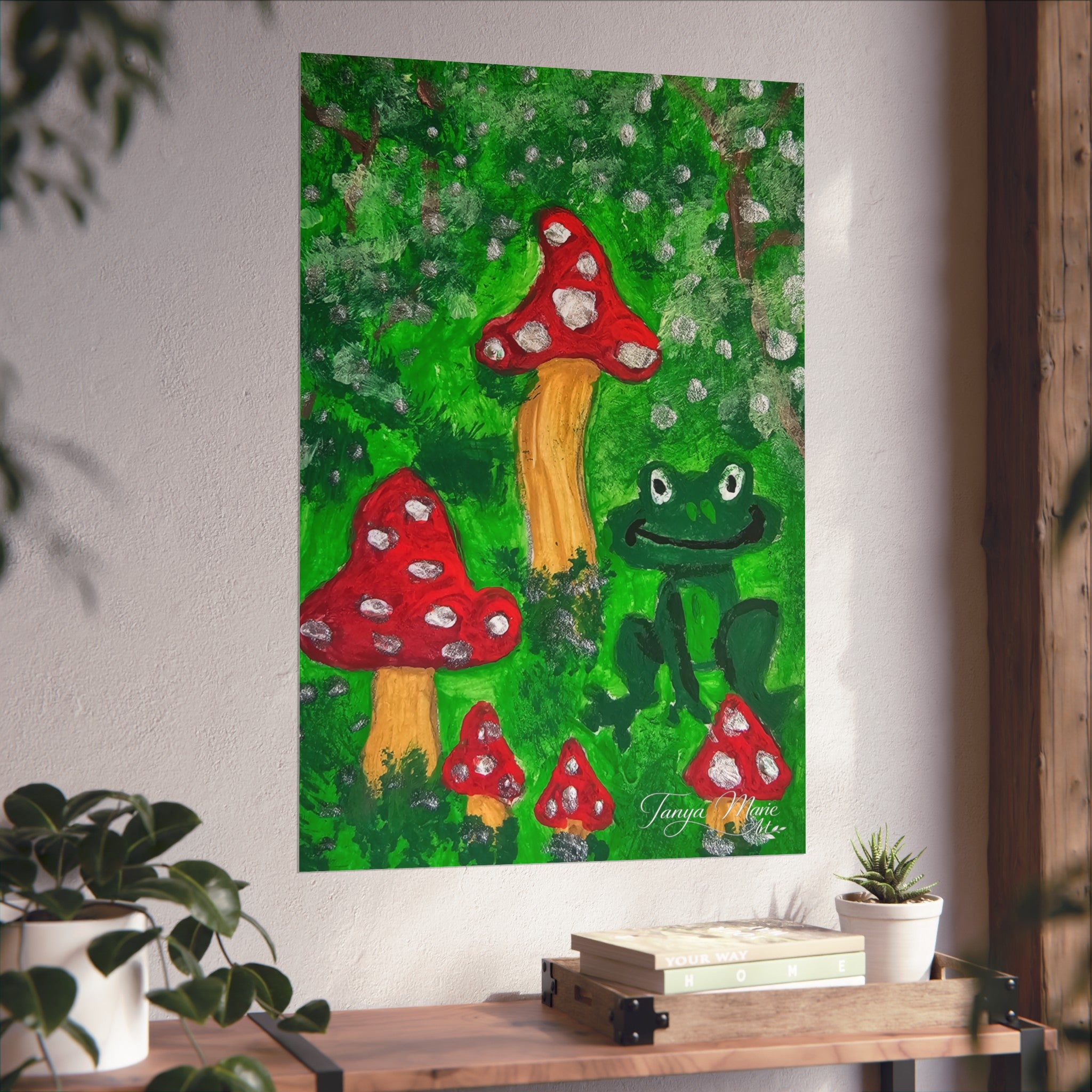 Whimsical forest mushroom poster with red toadstools, a green frog, and speckled green backdrop