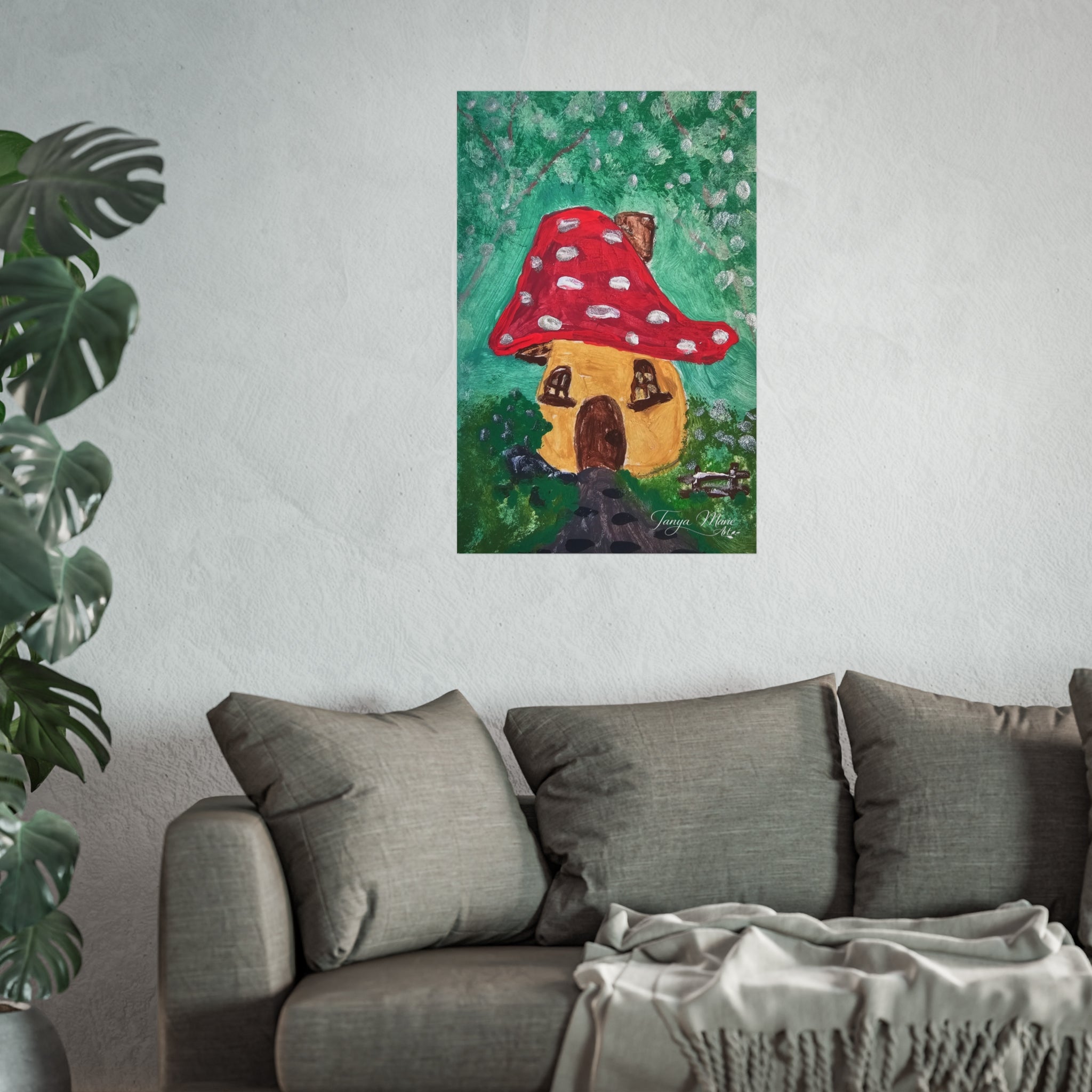 Square fine art poster showing a mushroom cottage house with red polka-dot cap and green backdrop