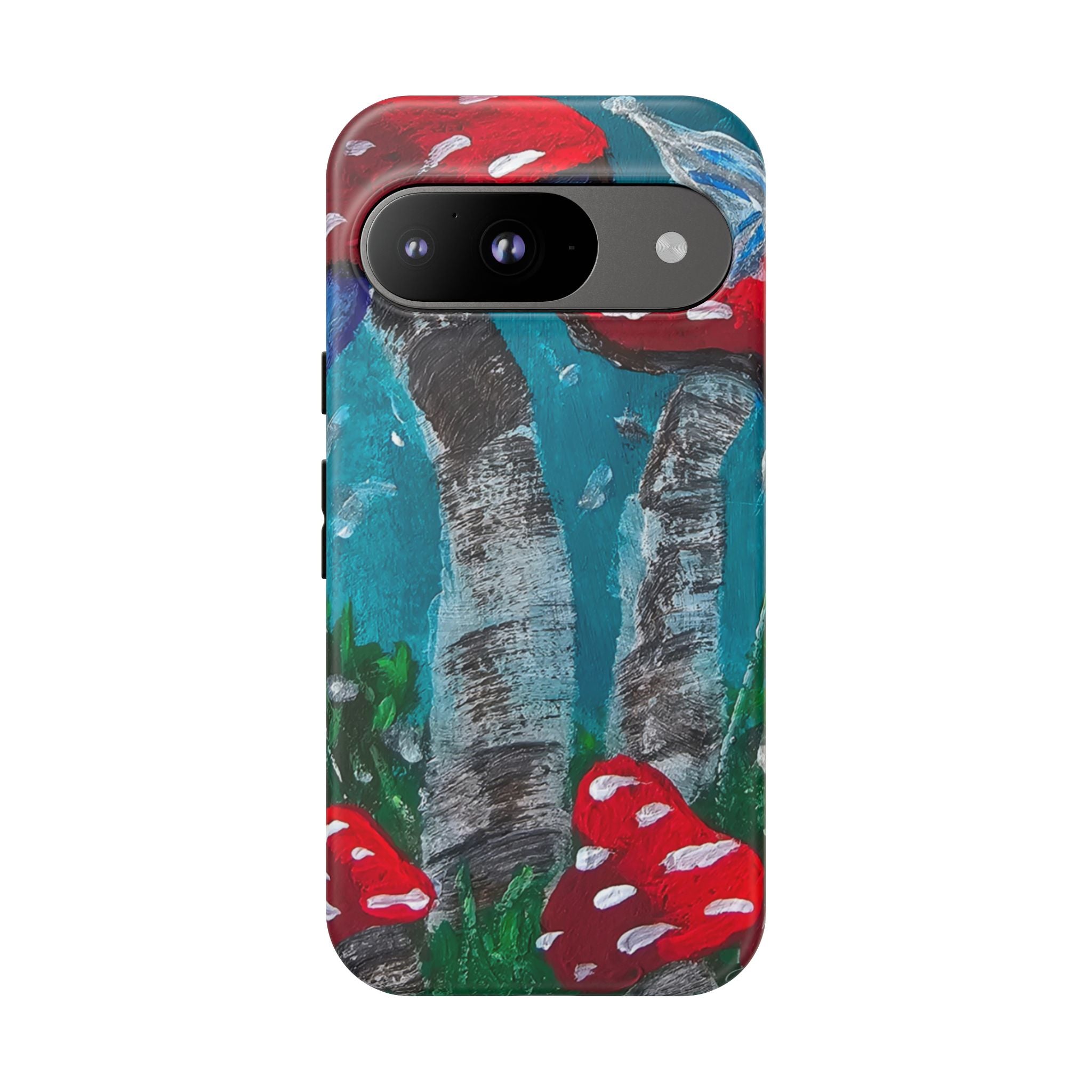 Phone case with glossy finish, teal birch design and red toadstools, front camera cutout.
