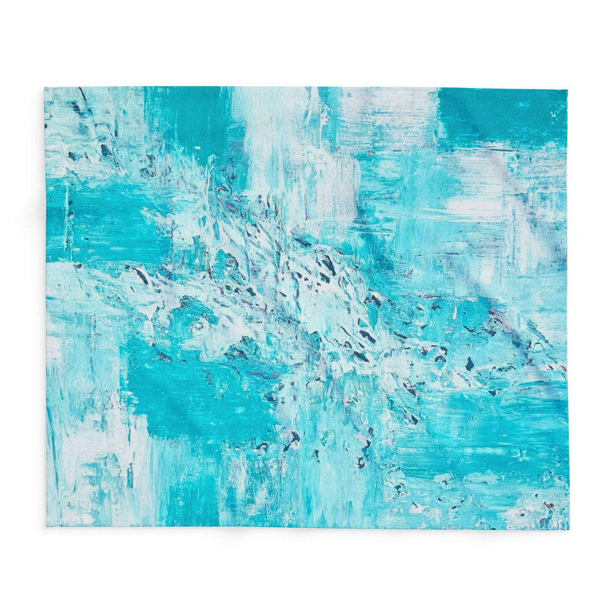 Turquoise abstract fleece blanket close-up showing blended brushstroke pattern.