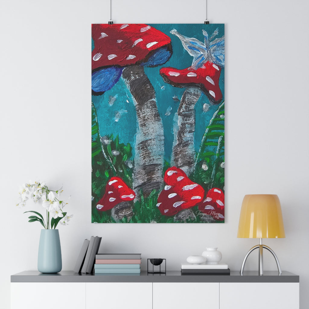 Giclée art print of red toadstools and a butterfly in a mushroom meadow