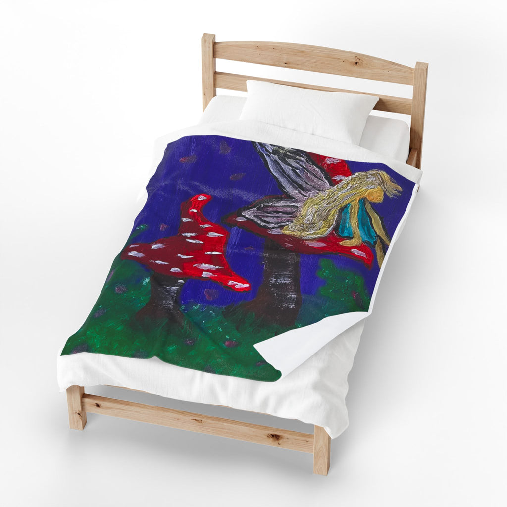 Velveteen blanket plush throw on bed frame, fairy and red toadstools design