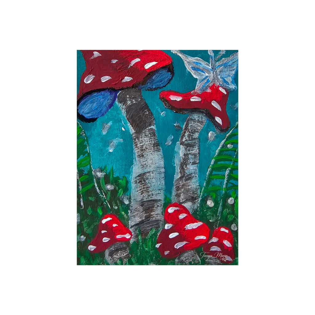 Matte fine art poster with close view of red toadstools and layered blue-green leaves