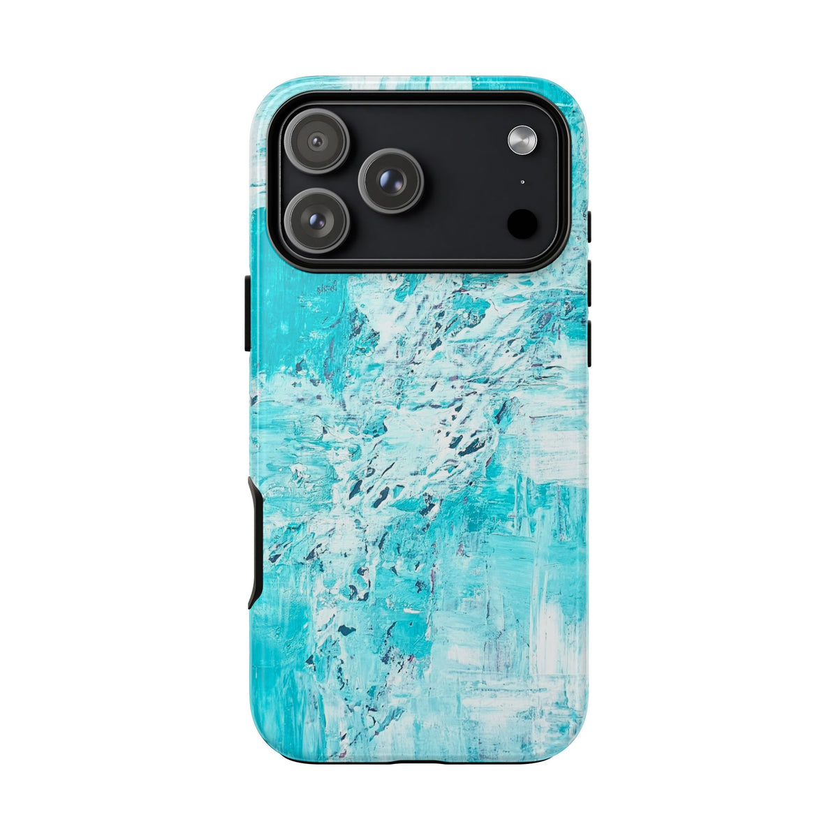 Turquoise abstract marble tough phone case with triple-lens camera cutout and raised lip.