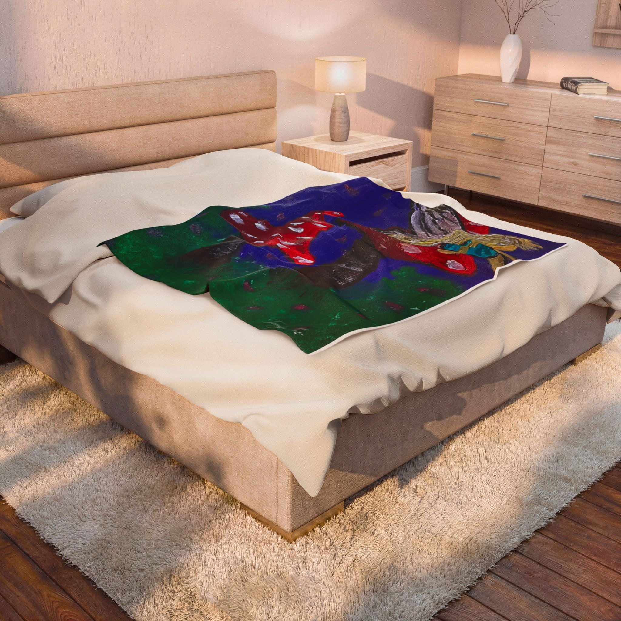 Velveteen blanket plush throw with fairy scene, blue sky, red toadstools, green ground