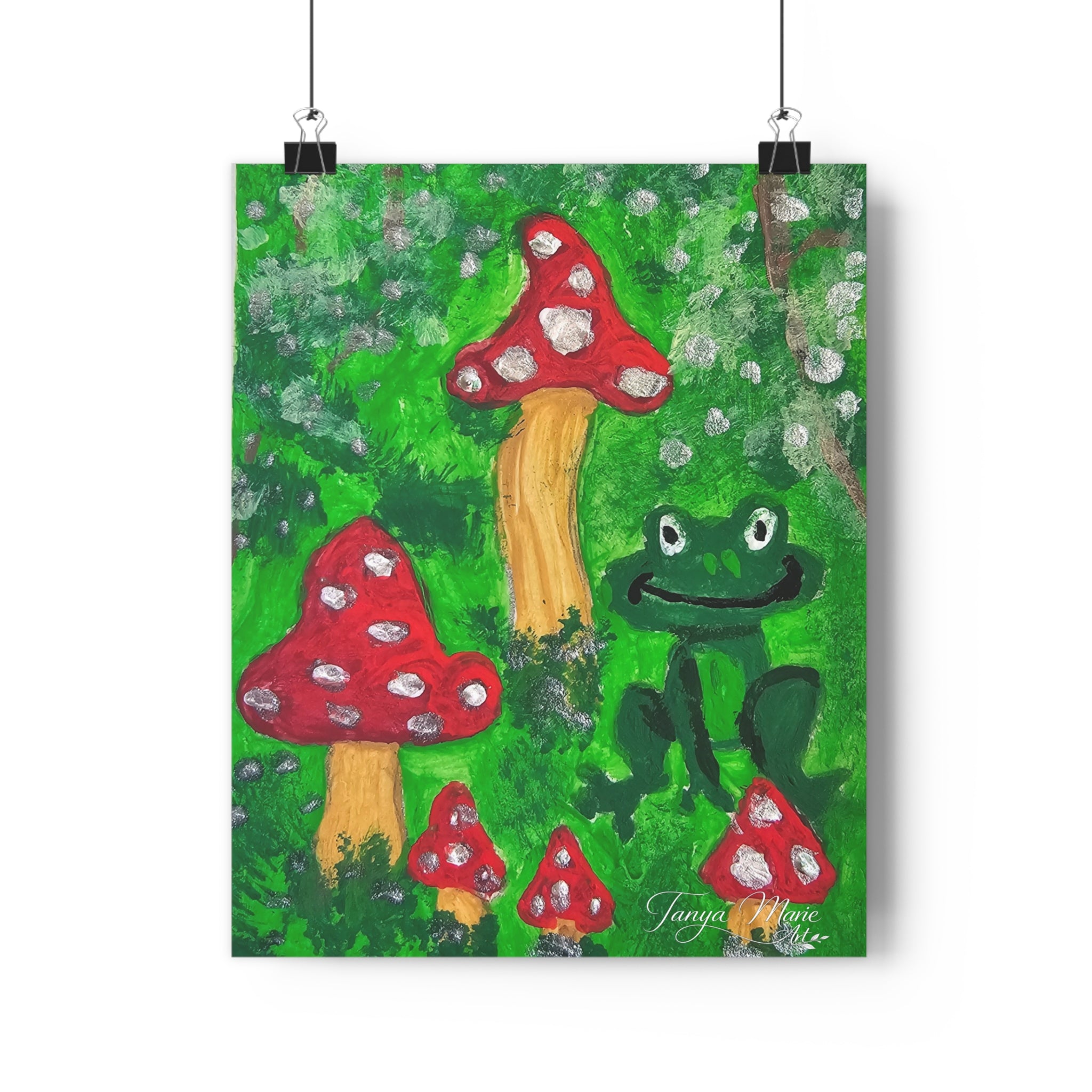 Giclée art print of a frog and red toadstools