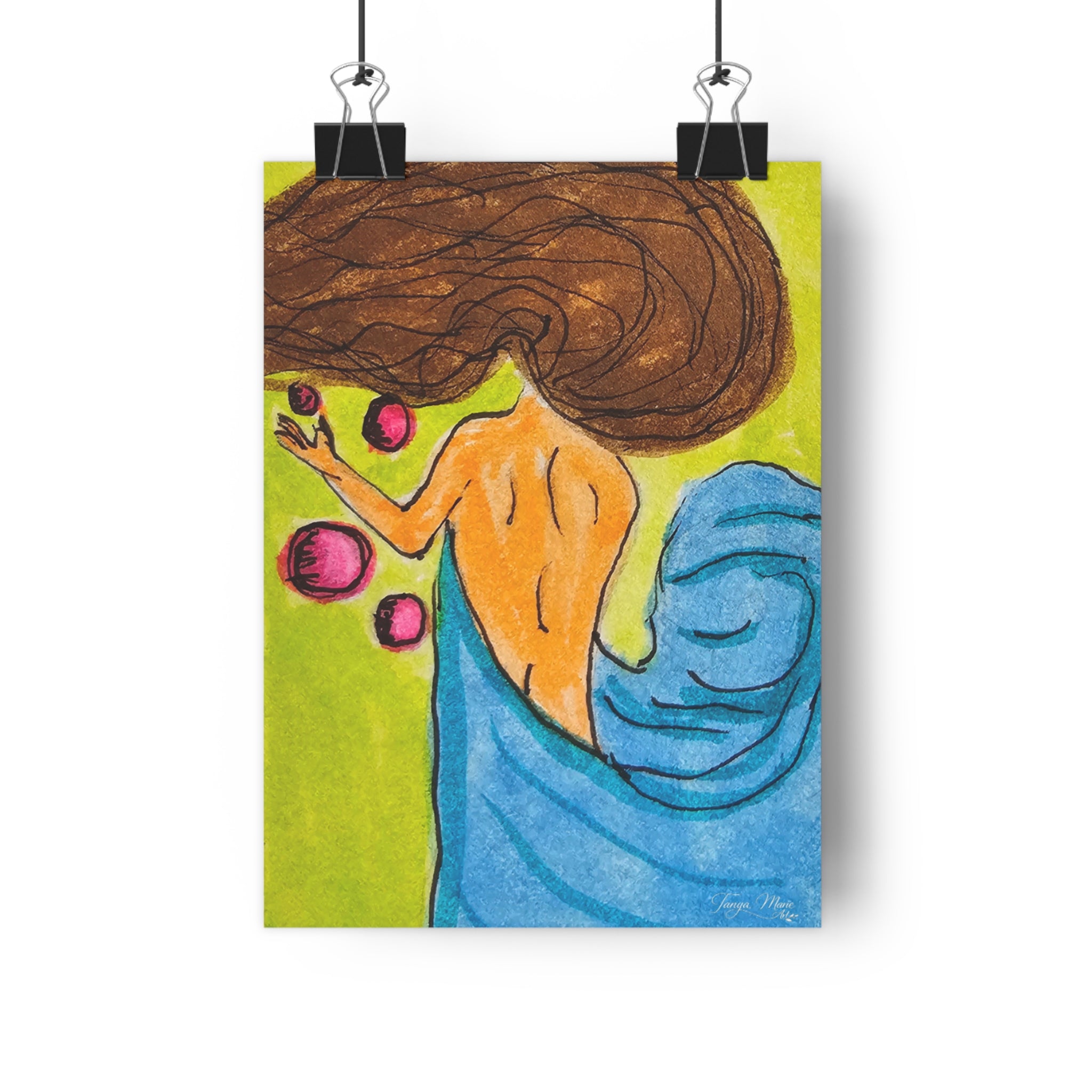 Giclée art print of a woman with flowing hair, blue dress, and pink orbs