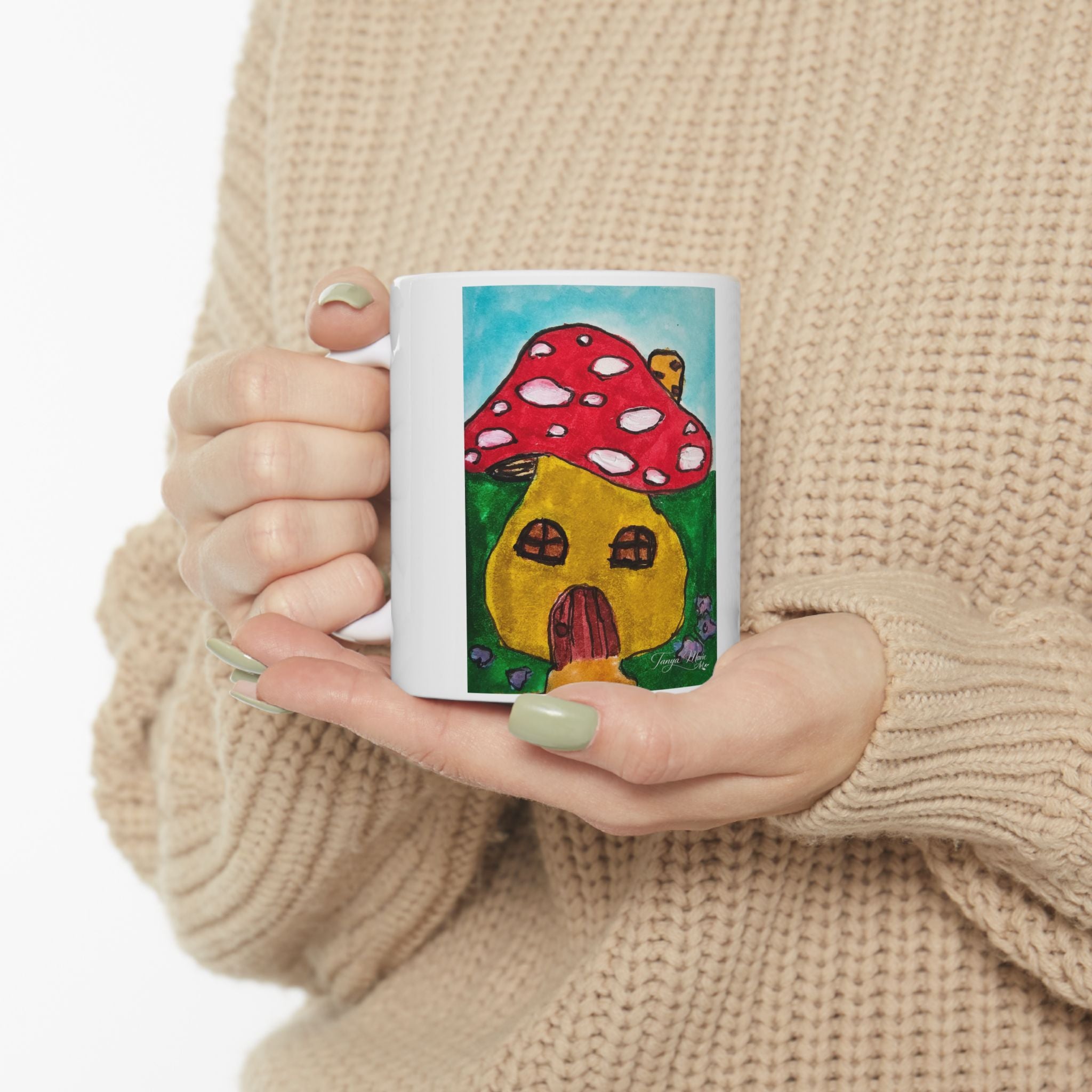 Ceramic mug with whimsical red mushroom house hand-drawn art, white 11oz cup