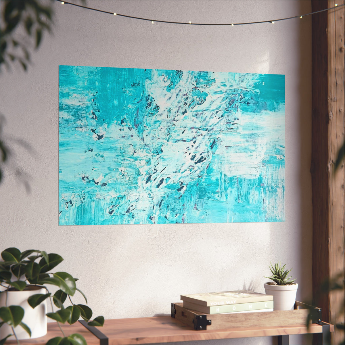 Turquoise abstract art poster with textured ocean waves and white highlights on matte paper.