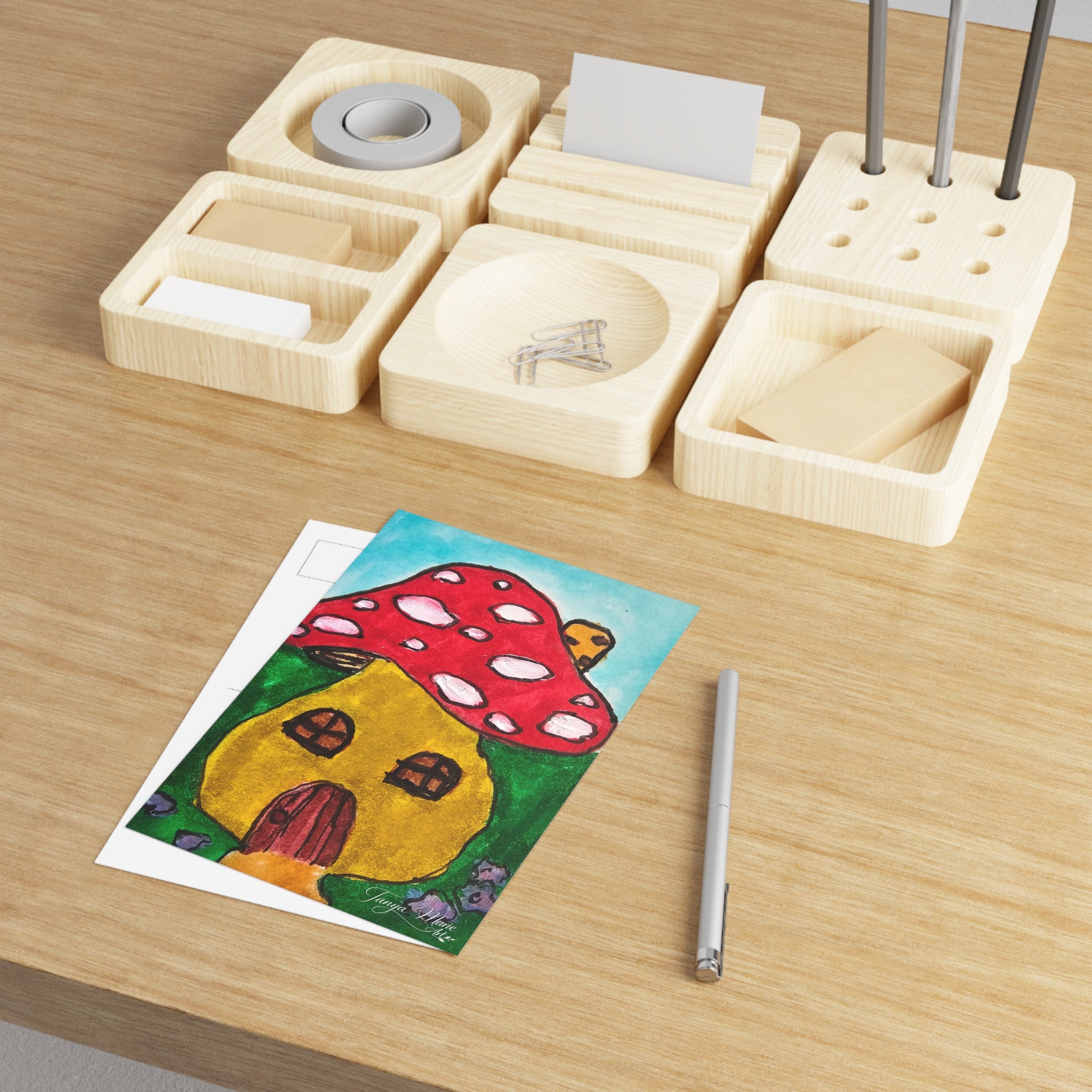 Colorful mushroom cottage illustration postcard with red spotted mushroom