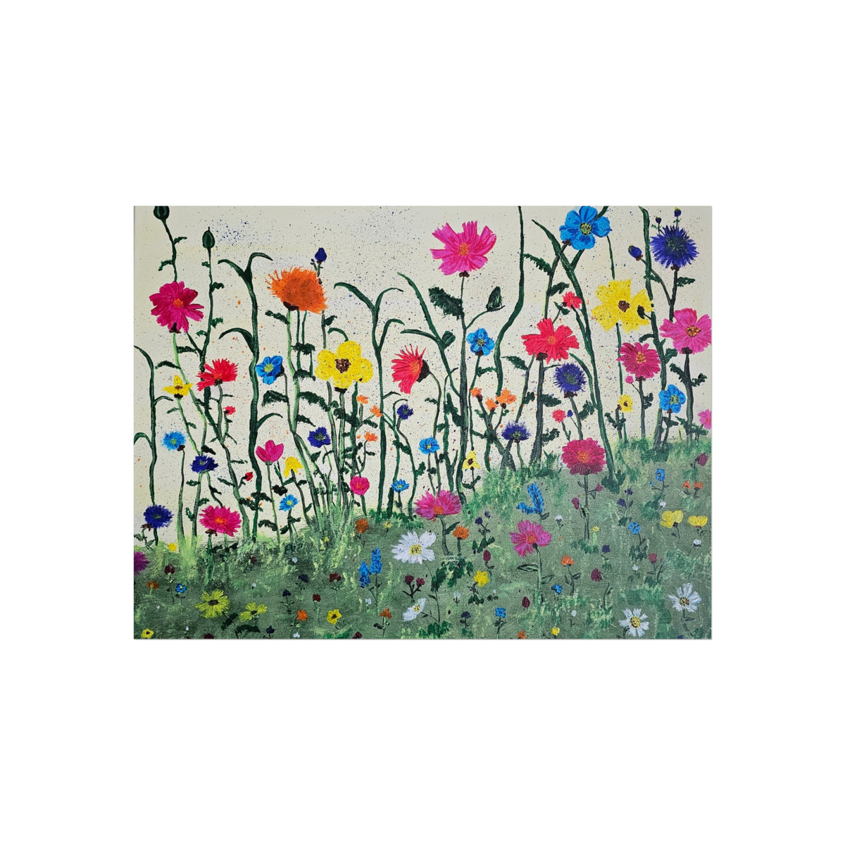 Colorful wildflower meadow print with red, pink, blue flowers and green stems