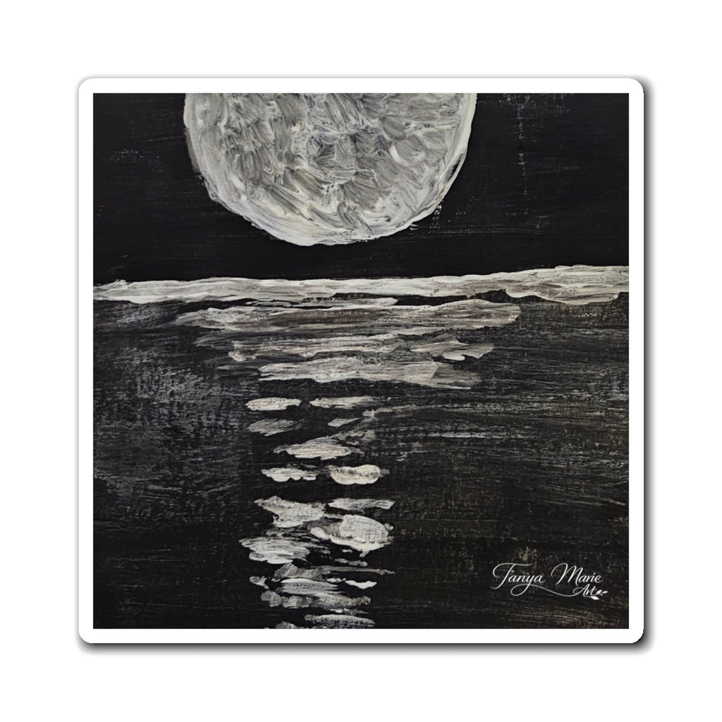Moonlit Ocean Magnet — Black & White Lunar Art Refrigerator Magnet