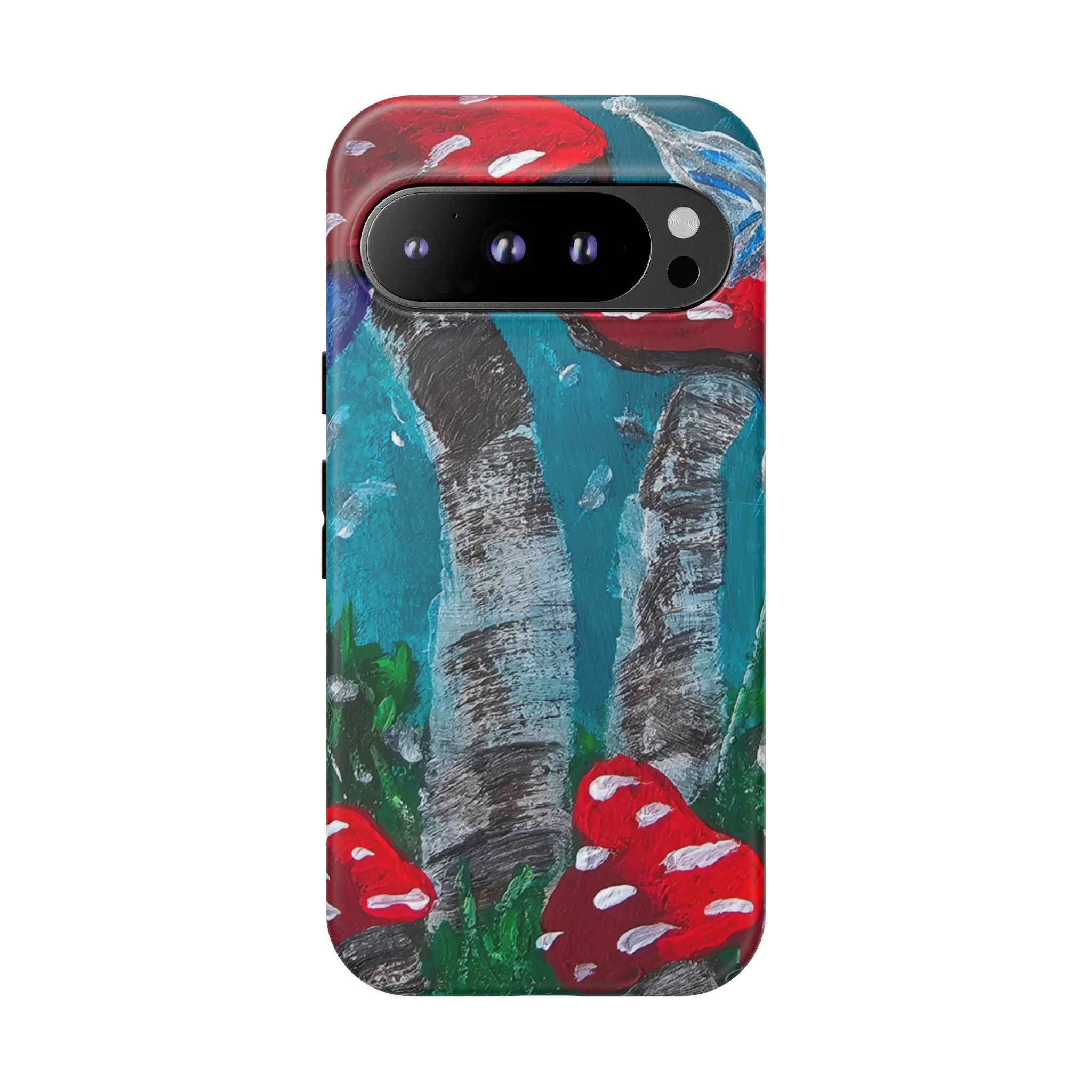 Phone case with glossy finish, teal birch background and red toadstools, centered front.