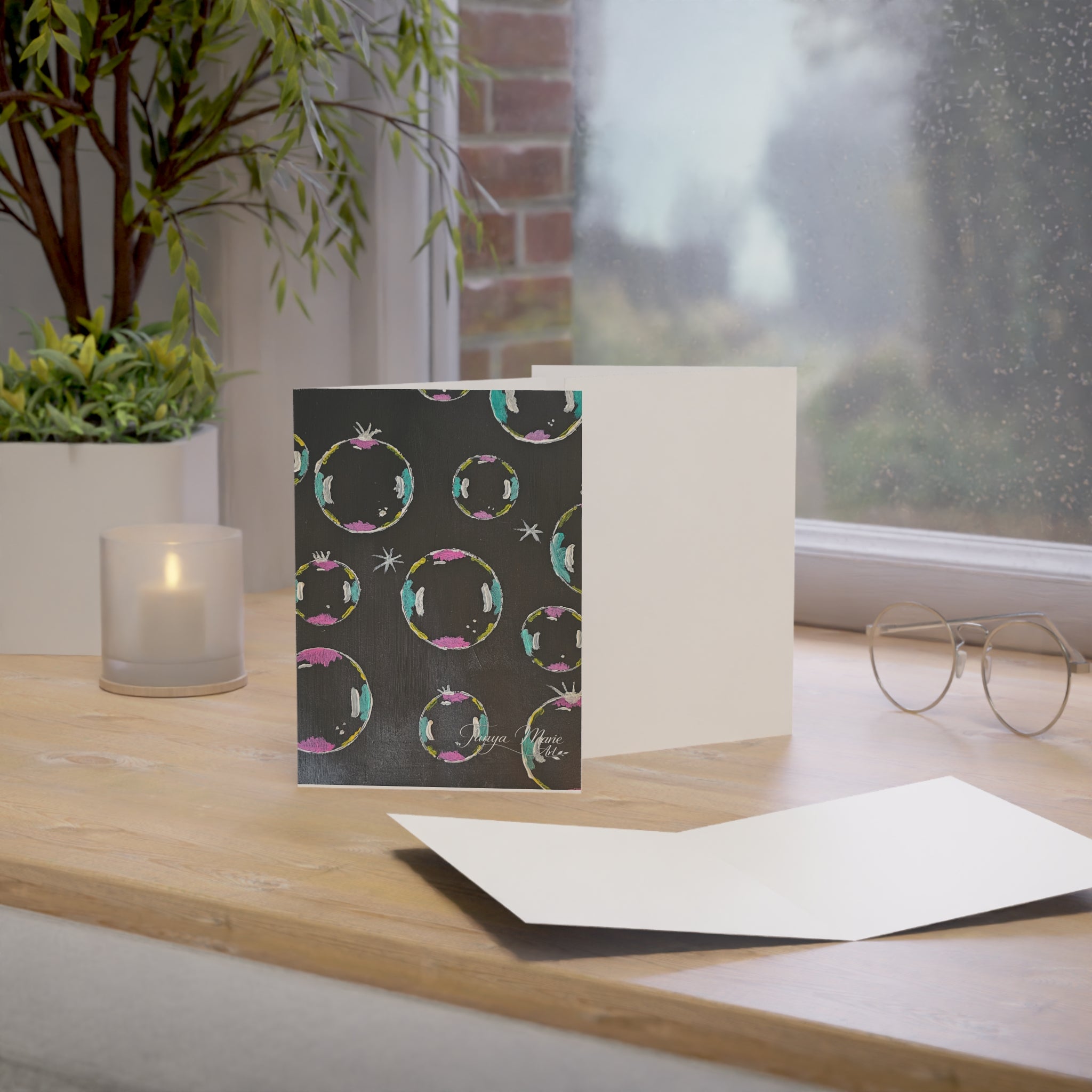 Bubble Pattern Greeting Card — Hand-Painted Colorful Bubbles on Charcoal Background (Blank Inside)
