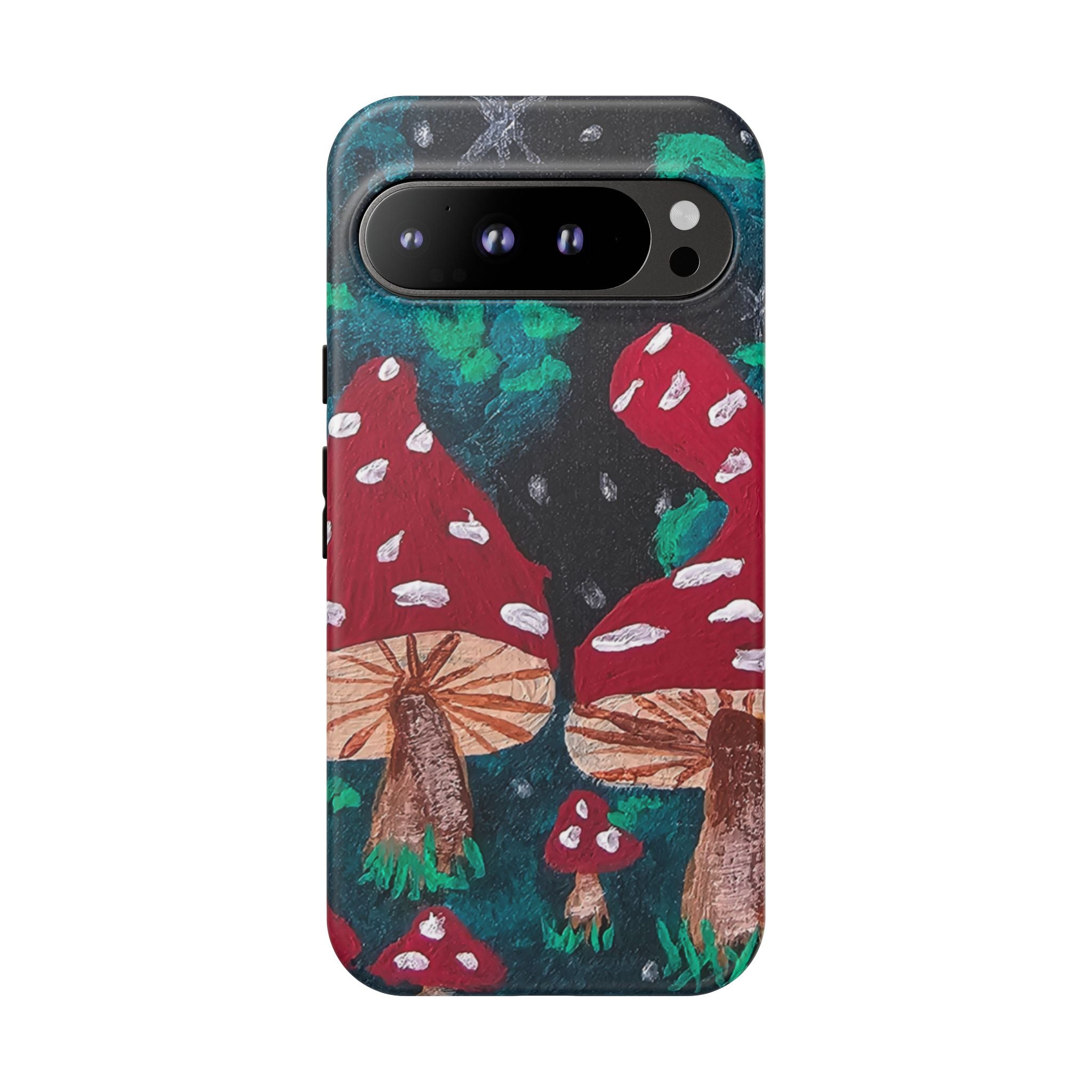 Tough phone case front view with mushroom forest artwork, dual camera cutout and rim