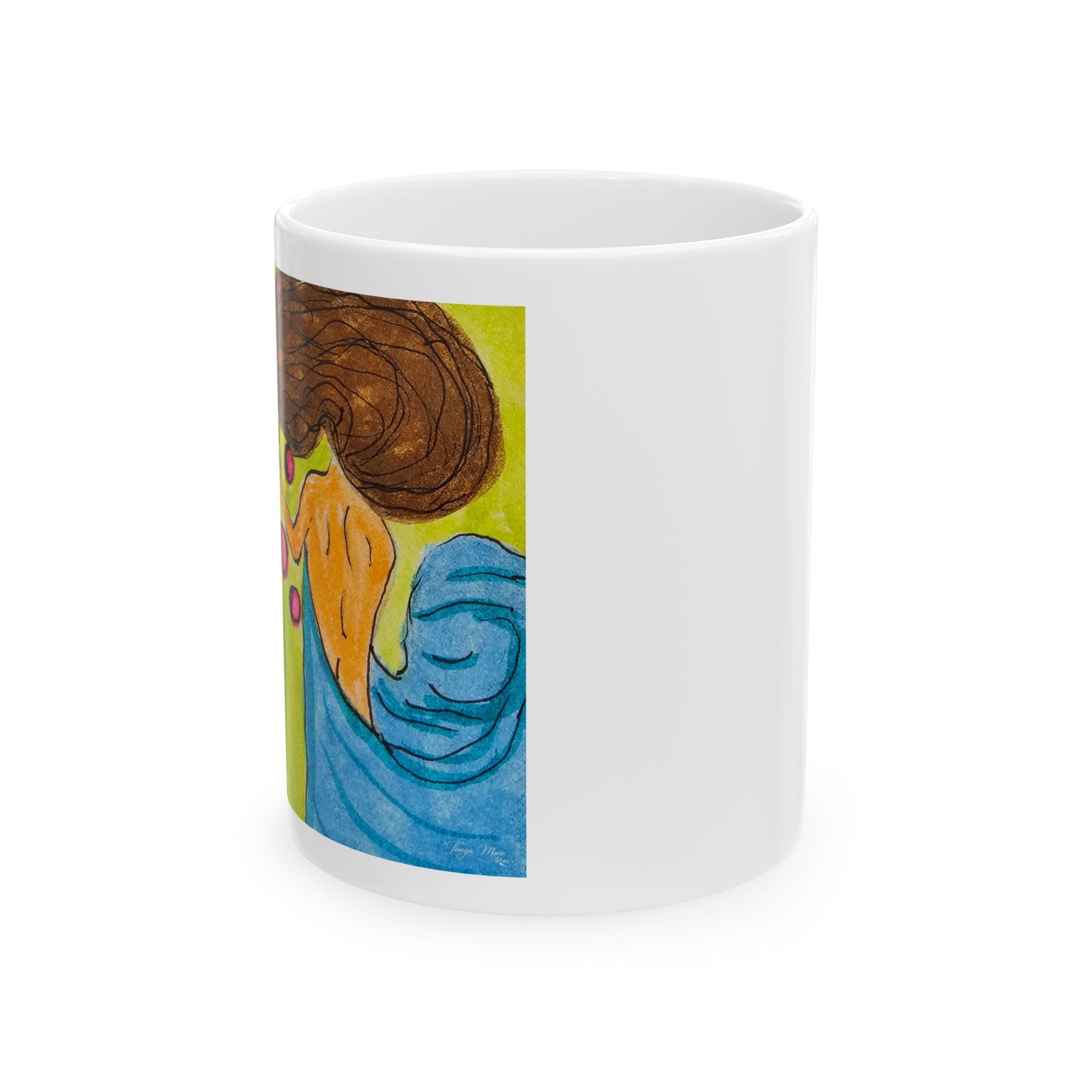 White ceramic mug with partial front artwork panel in blue and green