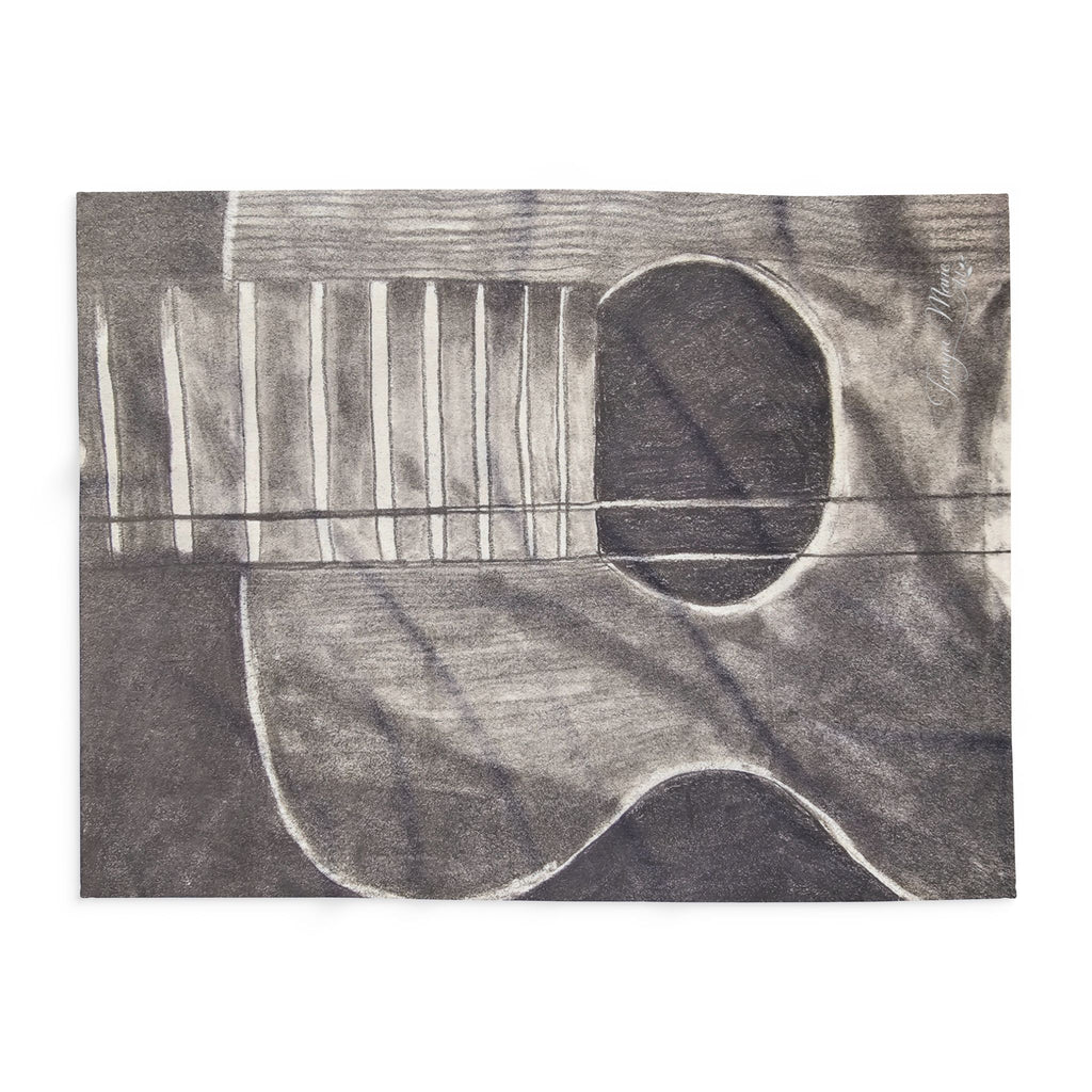 Rectangular gray fleece blanket with acoustic guitar headstock and strings sketch