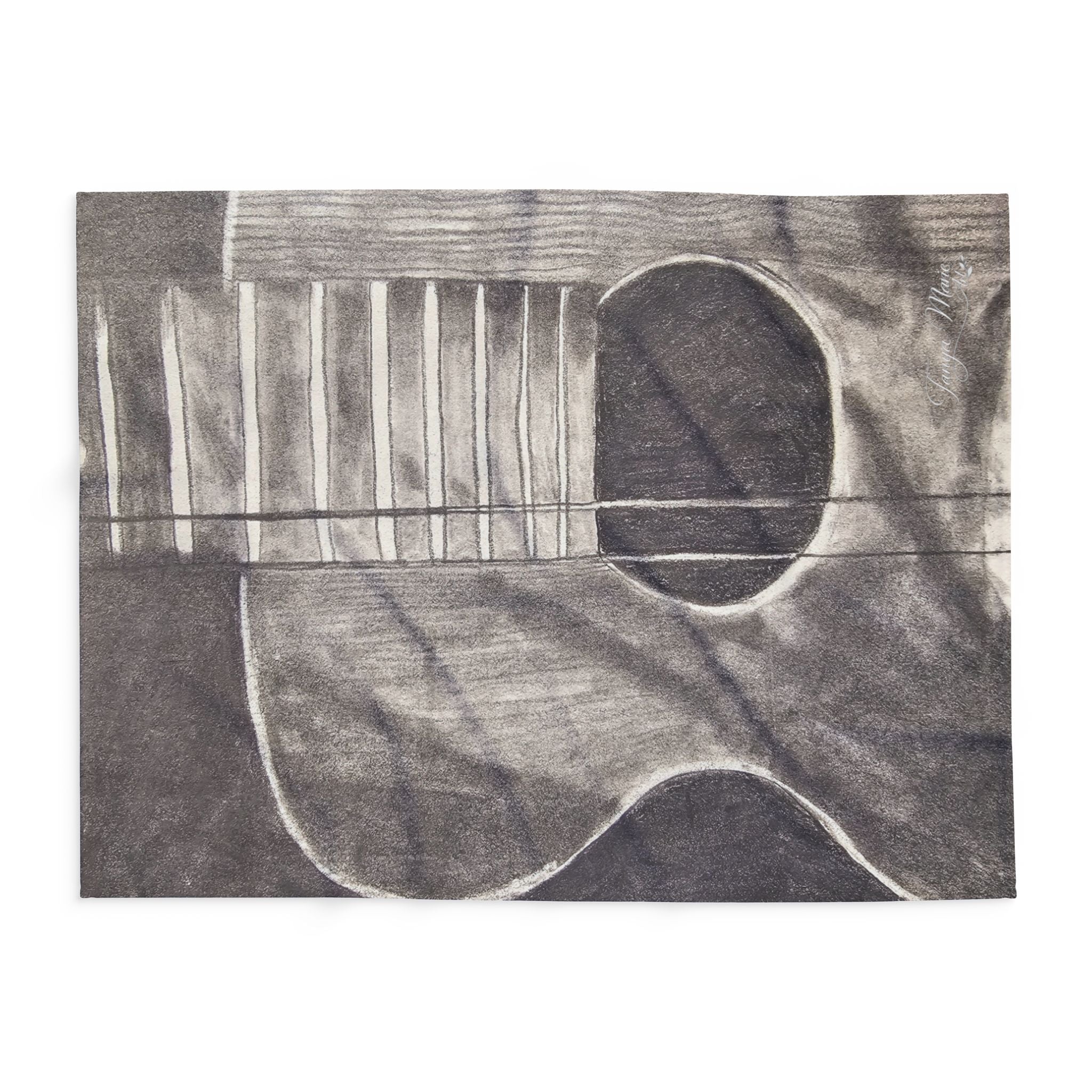 Rectangular gray fleece blanket with acoustic guitar headstock and strings sketch