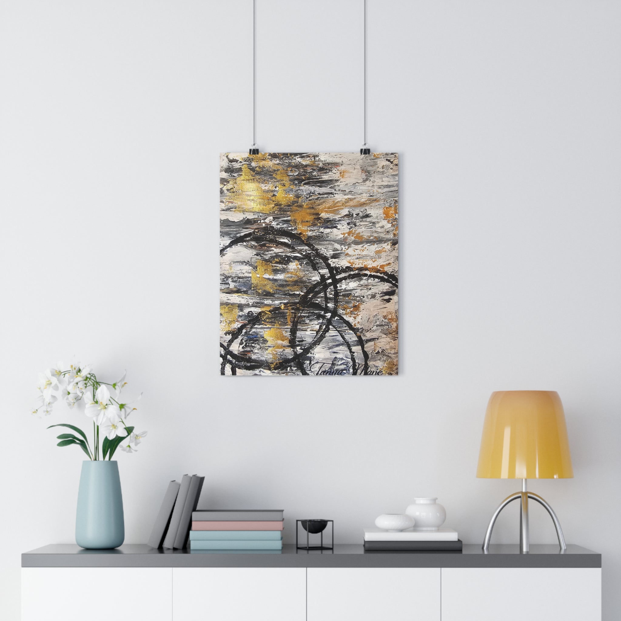 Abstract Gold Texture with Black Rings Giclée Art Print | Modern Textured Wall Art