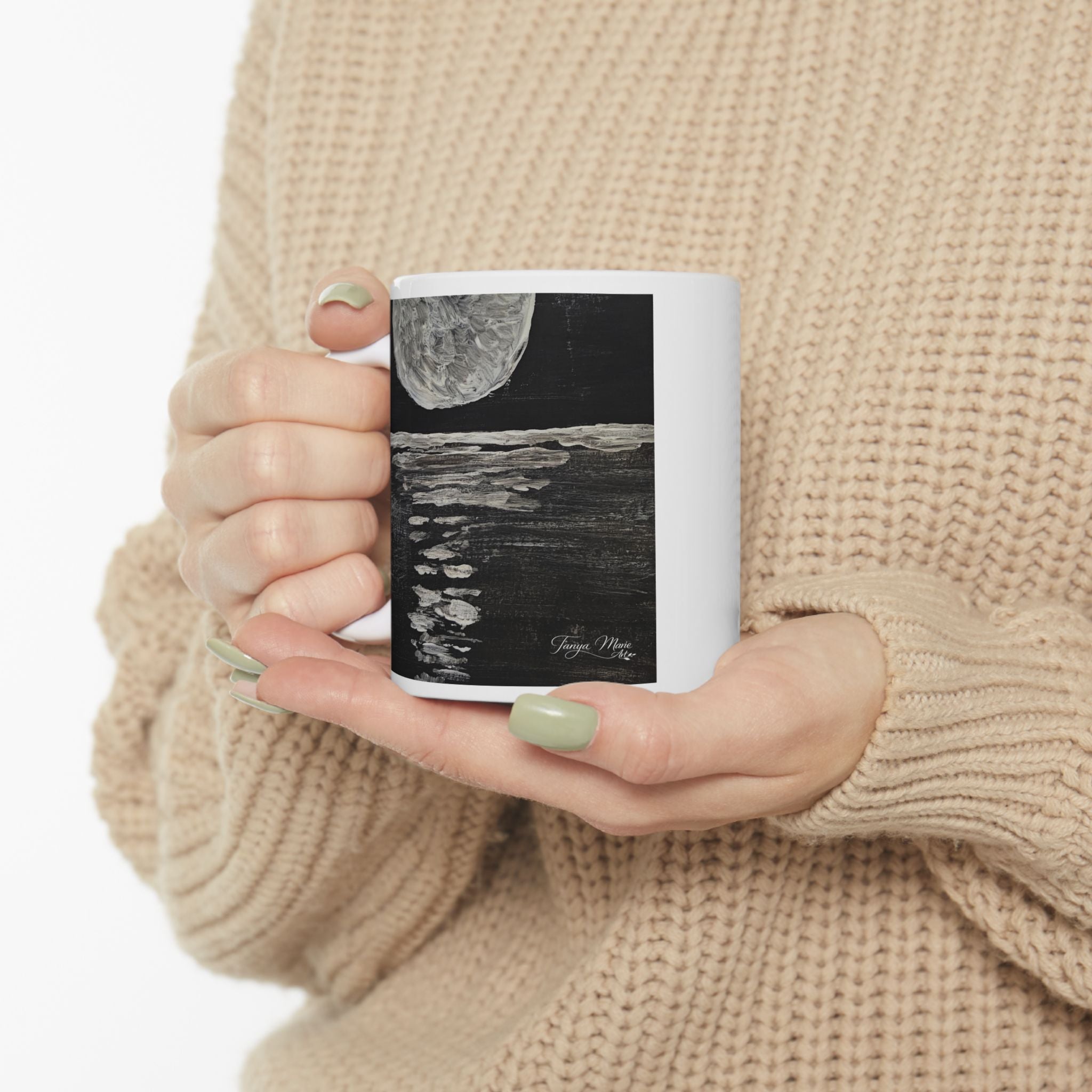 Moonlit Ocean Ceramic Mug – Black & White Lunar Seascape