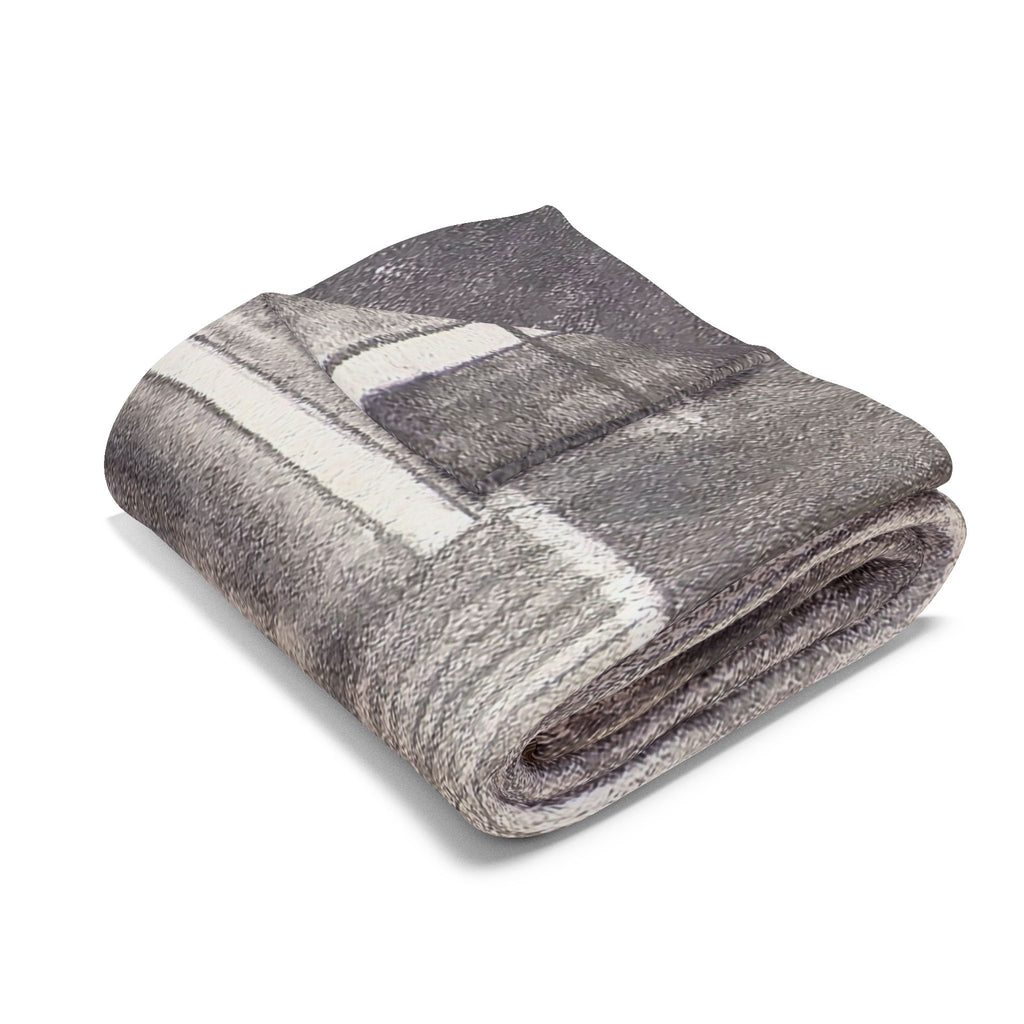 Gray acoustic guitar sketch fleece blanket, folded stack with guitar neck and stripe design