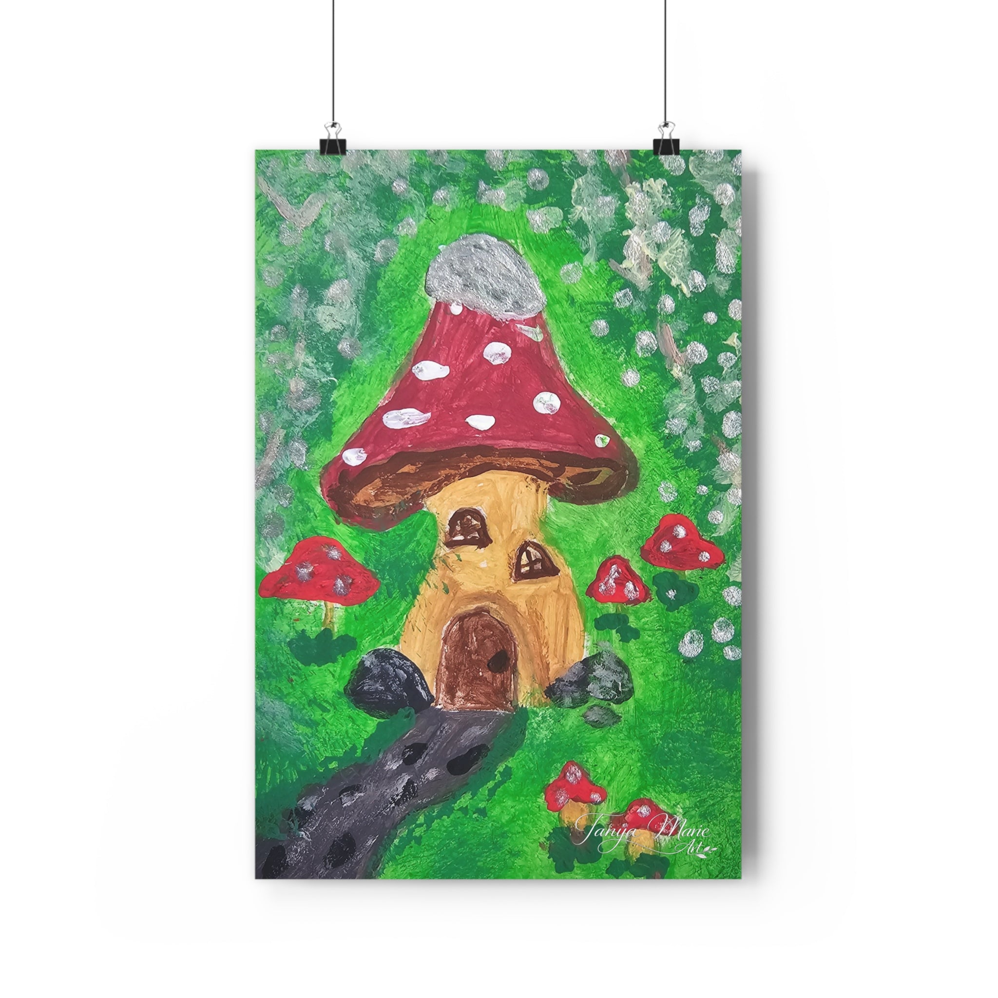 Hanging fairy garden wall art print showing red mushroom cap with white spots and door
