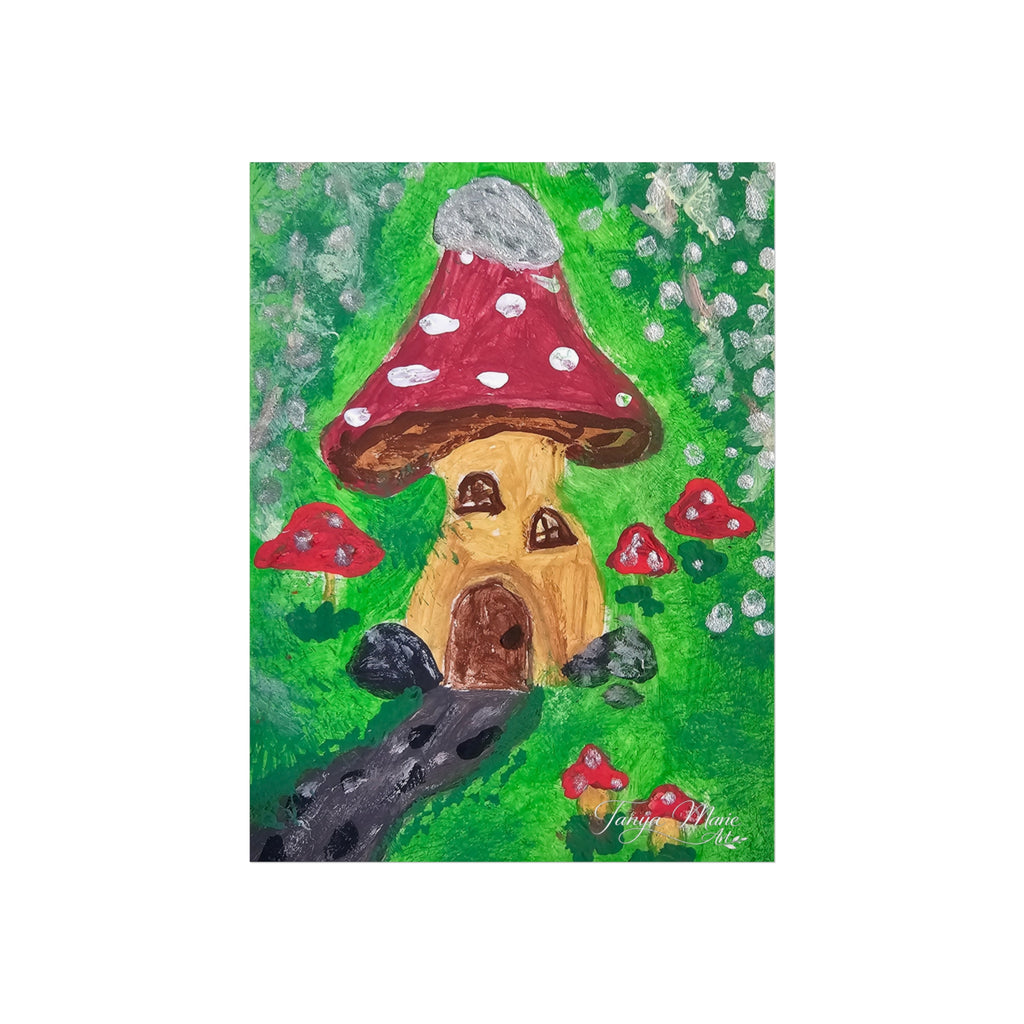 Matte fine art poster showing a red mushroom cap above a golden mushroom cottage and dark animal