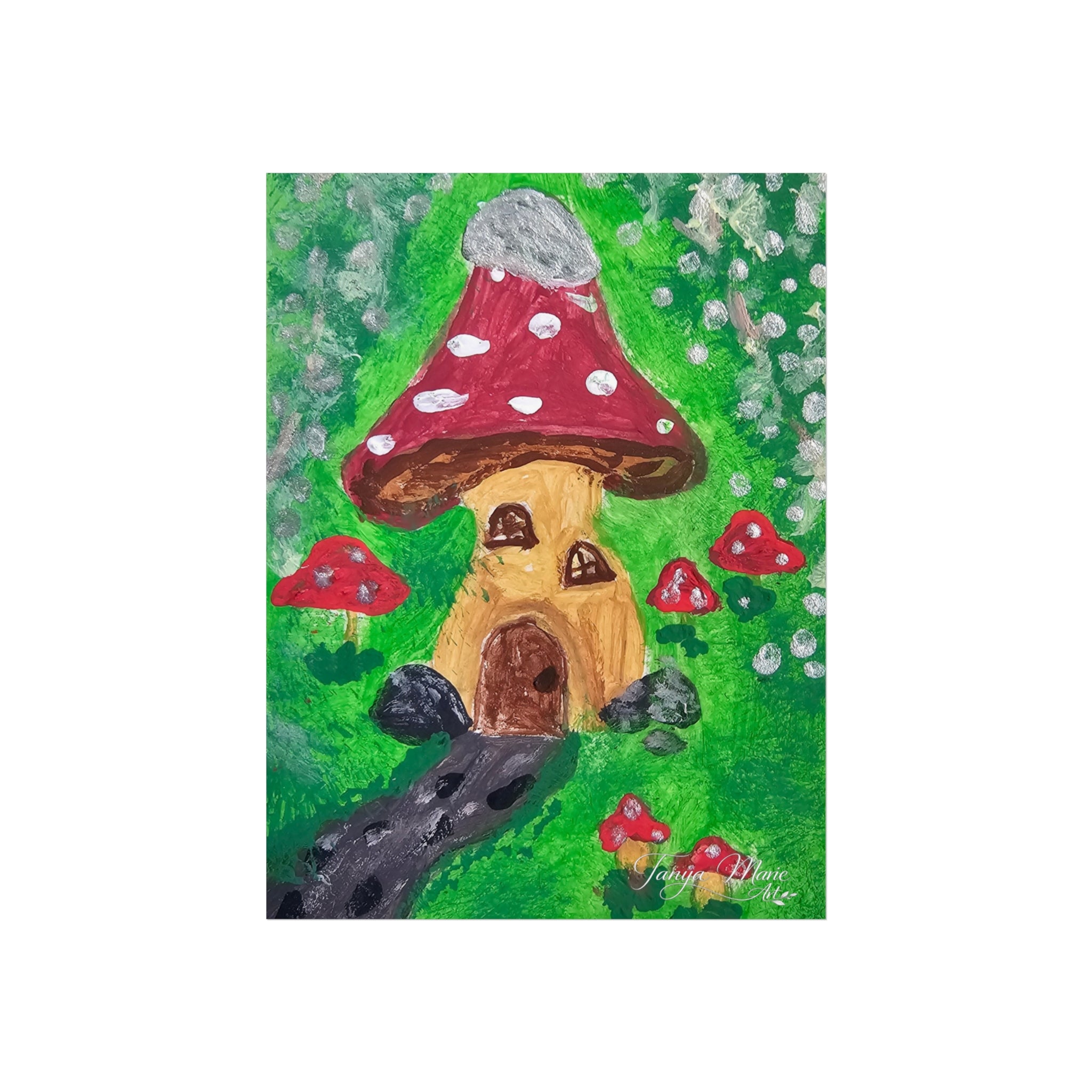 Matte fine art poster showing a red mushroom cap above a golden mushroom cottage and dark animal