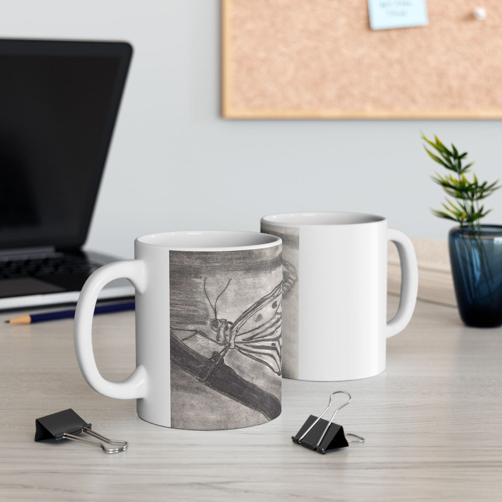 Butterfly Kisses - Butterfly Wing Sketch Ceramic Mug — Black & White Art Coffee Cup (11oz/15oz)