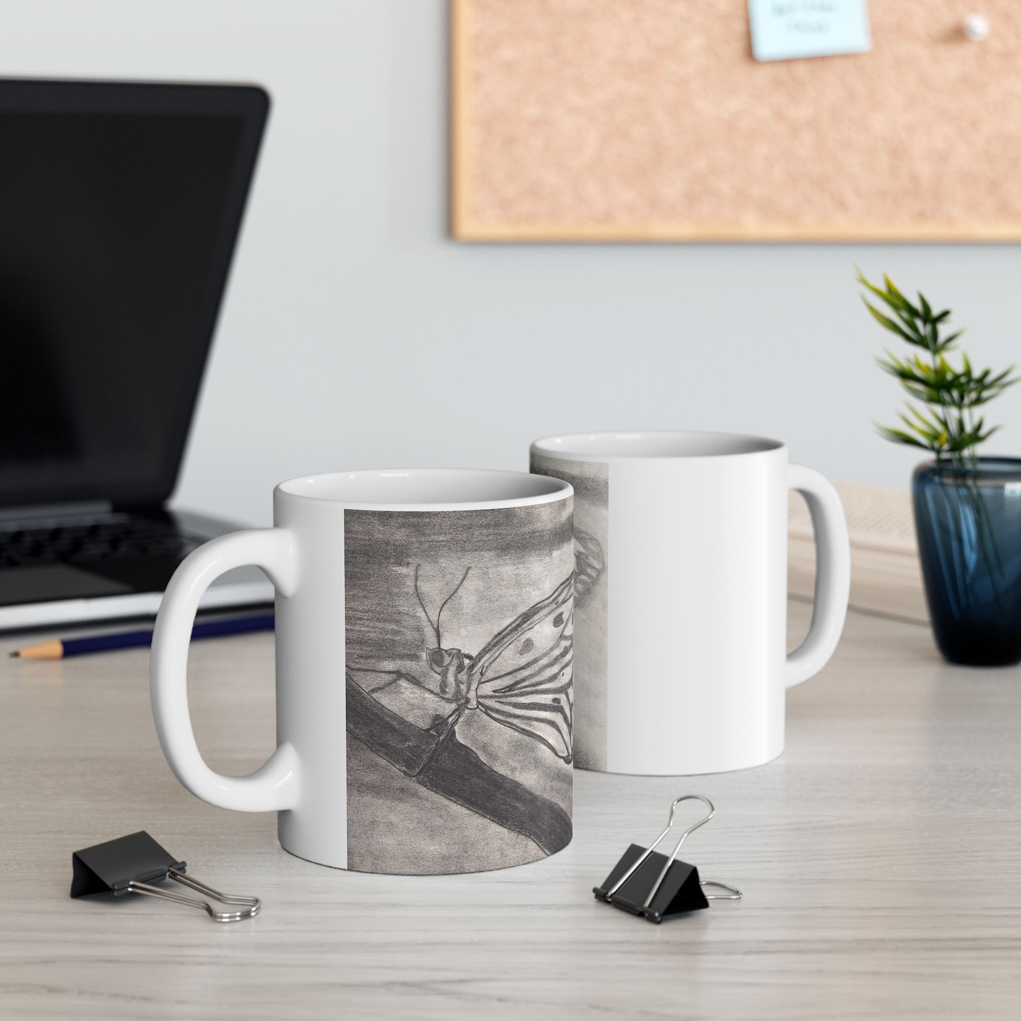 Butterfly Kisses - Butterfly Wing Sketch Ceramic Mug — Black & White Art Coffee Cup (11oz/15oz)