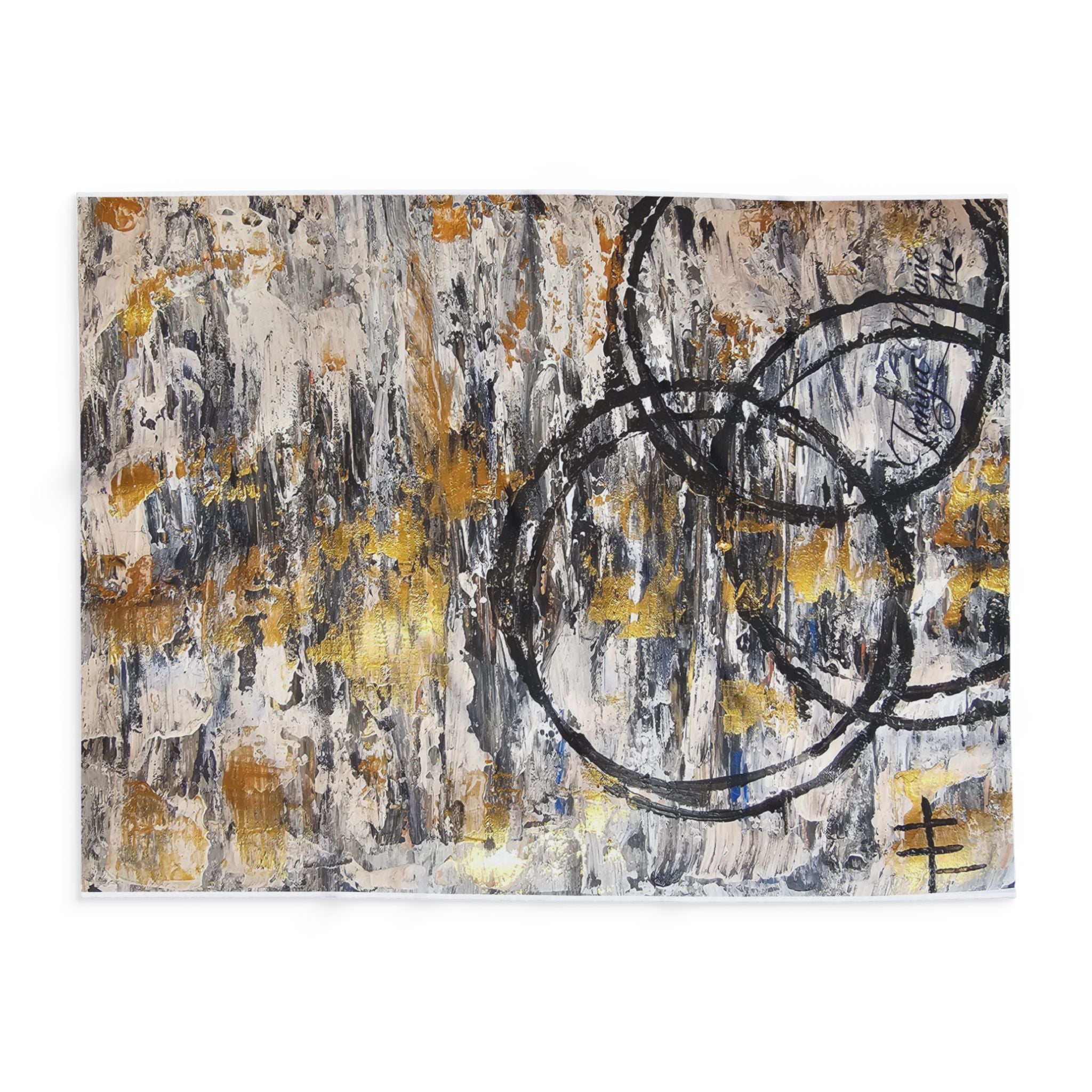 Abstract fleece blanket artwork: grey and white texture with gold strokes and dark circle