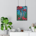 Mushroom meadow giclée art print with red toadstools and a butterfly