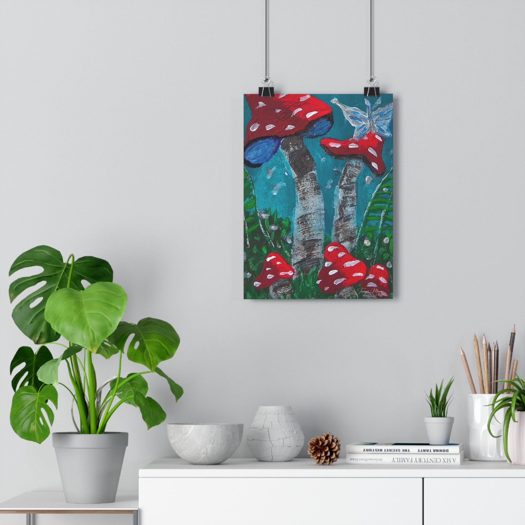 Mushroom meadow giclée art print with red toadstools and a butterfly