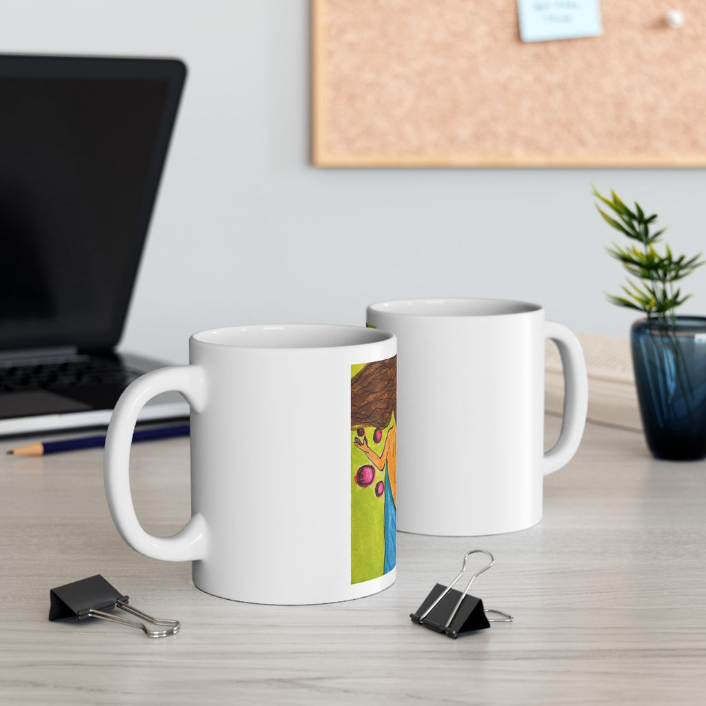 White ceramic mug pair showing witchy artwork panels on the front